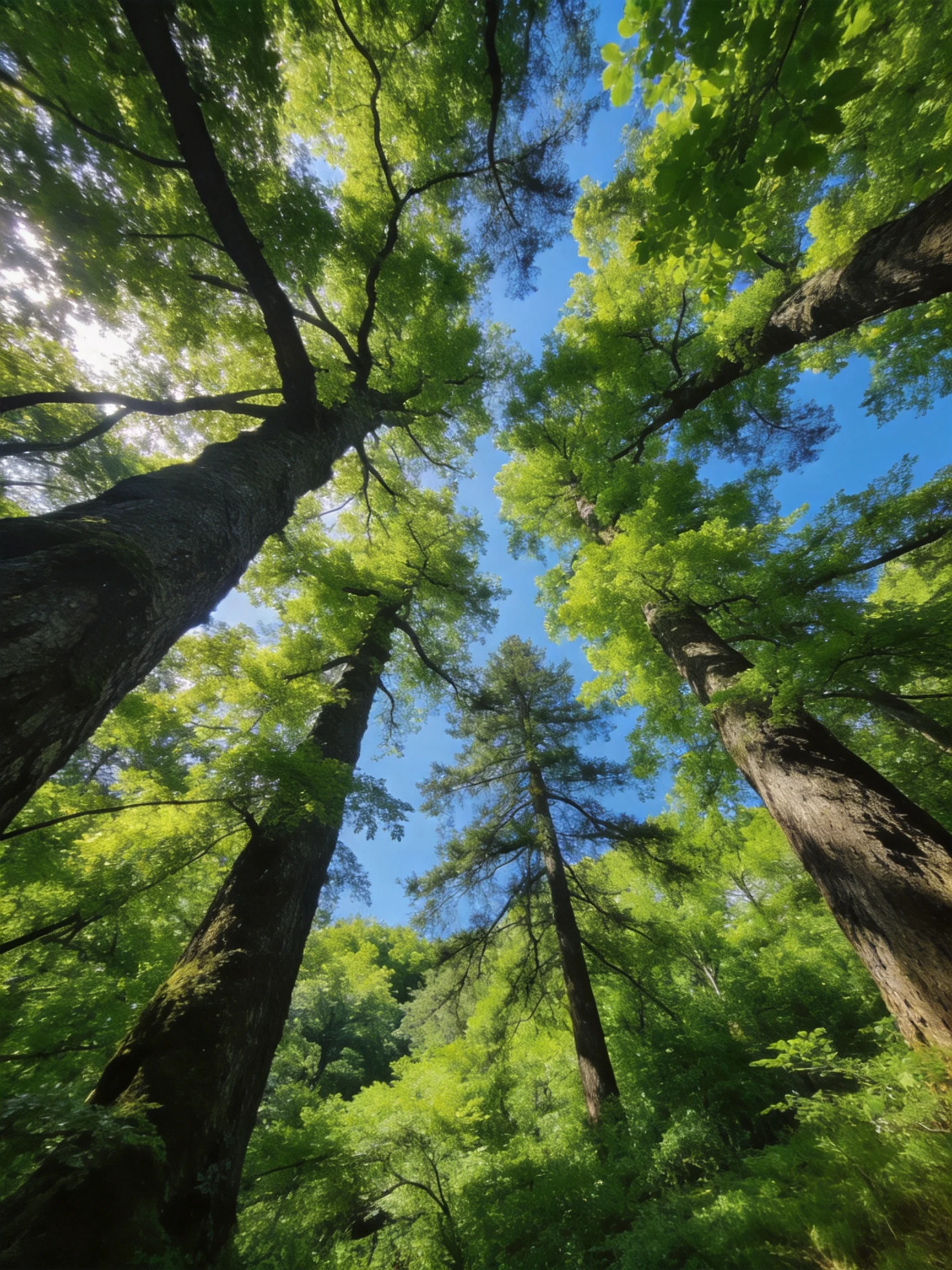 Towering ancient trees with lush green canopies under bright blue sky