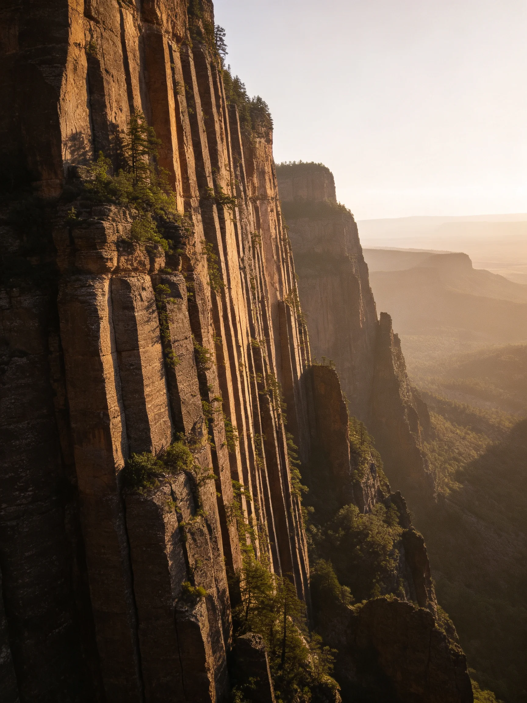 Towering cliffs with golden sunlight and rugged rock faces