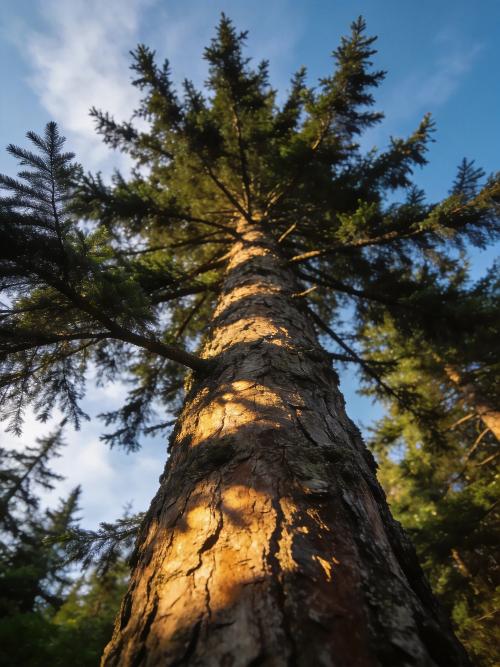Towering evergreen tree viewed upward with golden sunlight