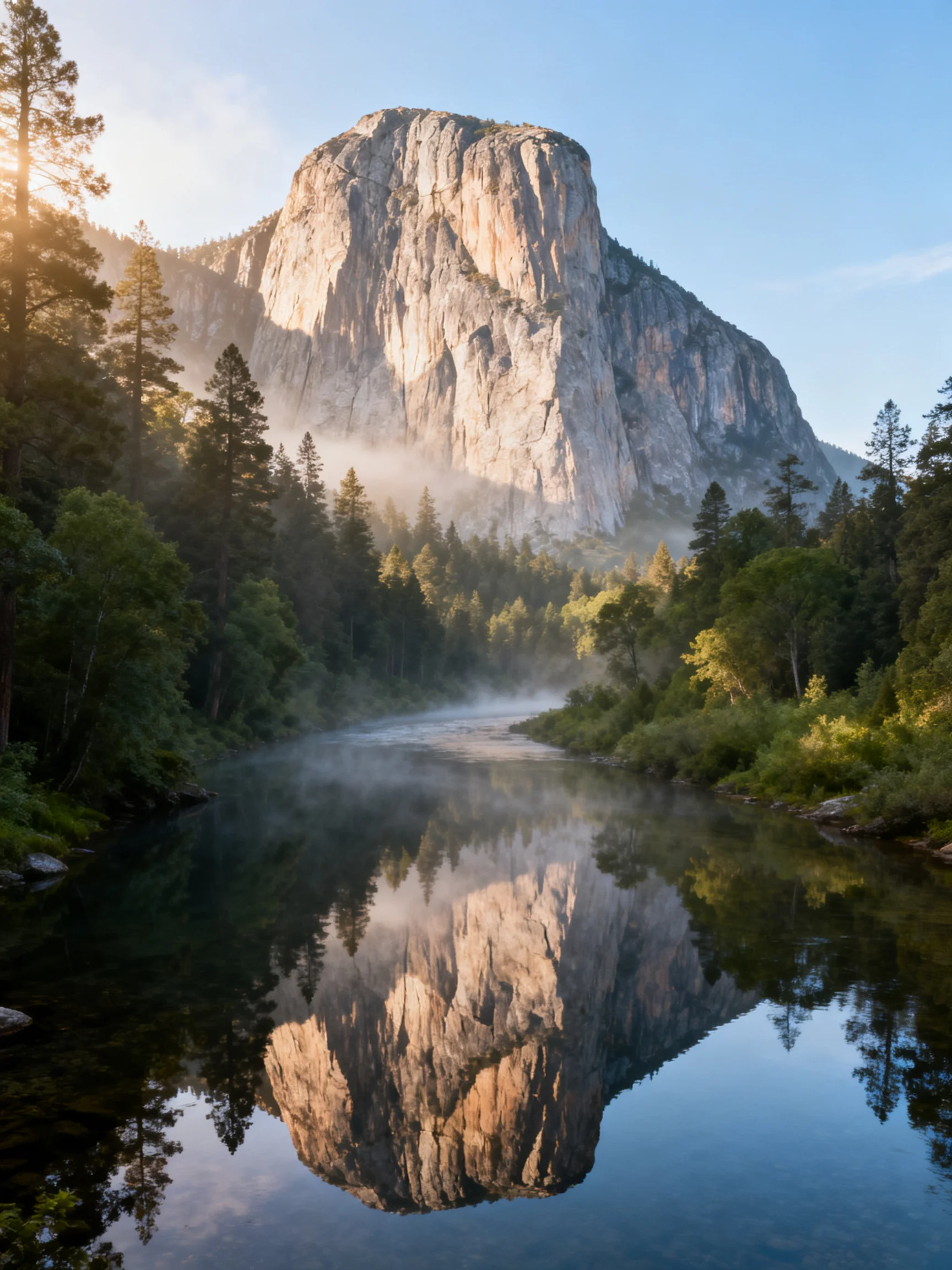 Towering granite cliff reflected in calm river with forest surroundings