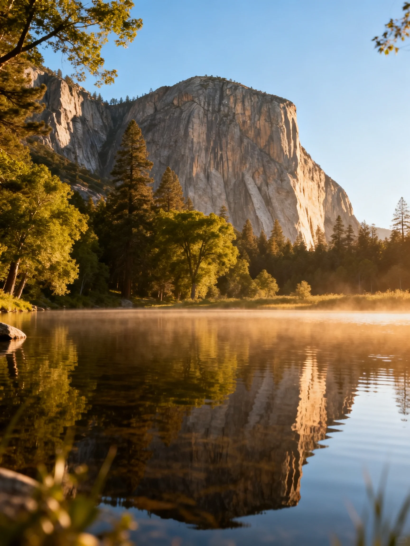 Towering granite cliff reflected in calm river with forested shore