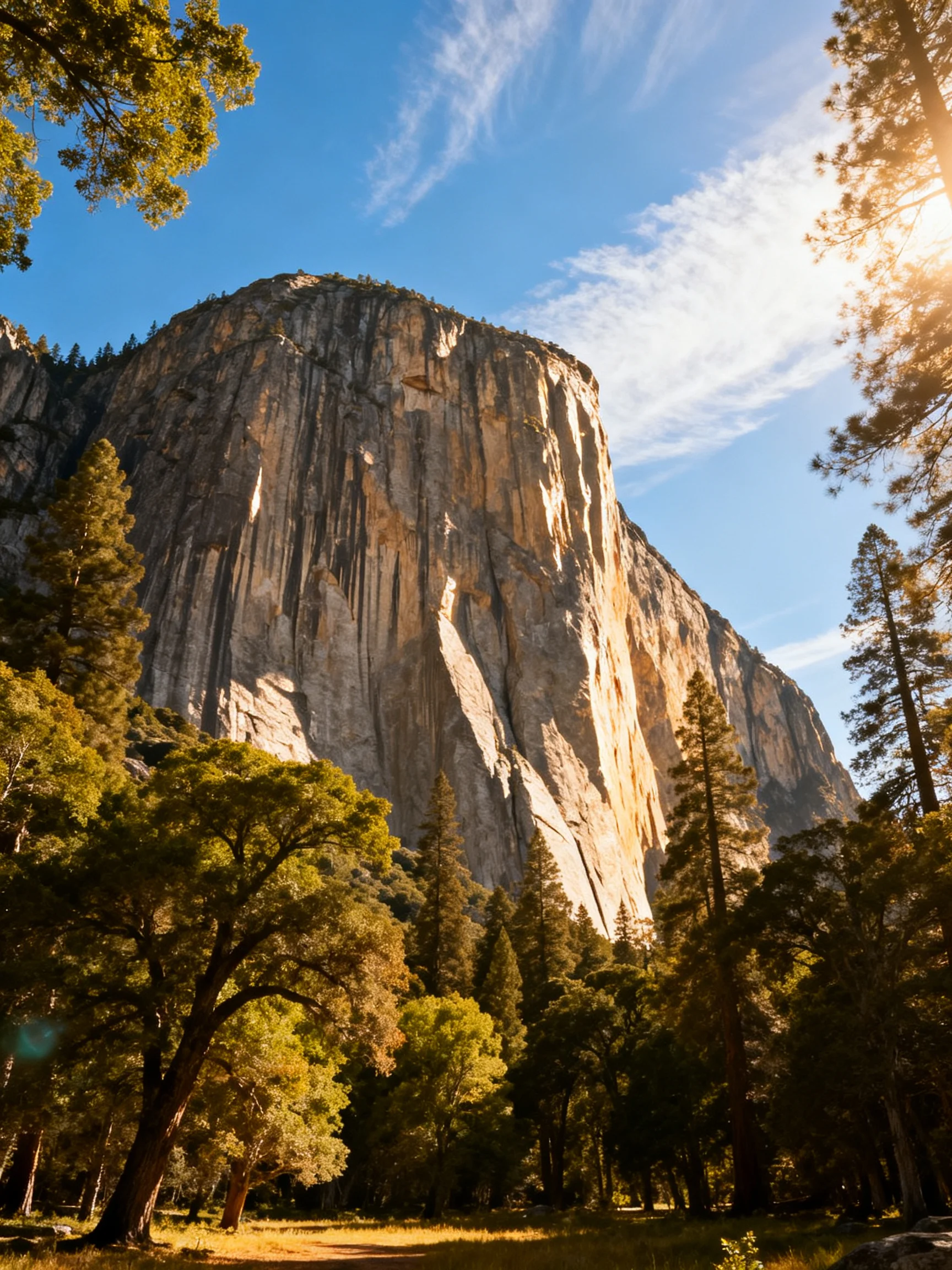 Towering granite cliff surrounded by dense forest under bright blue sky