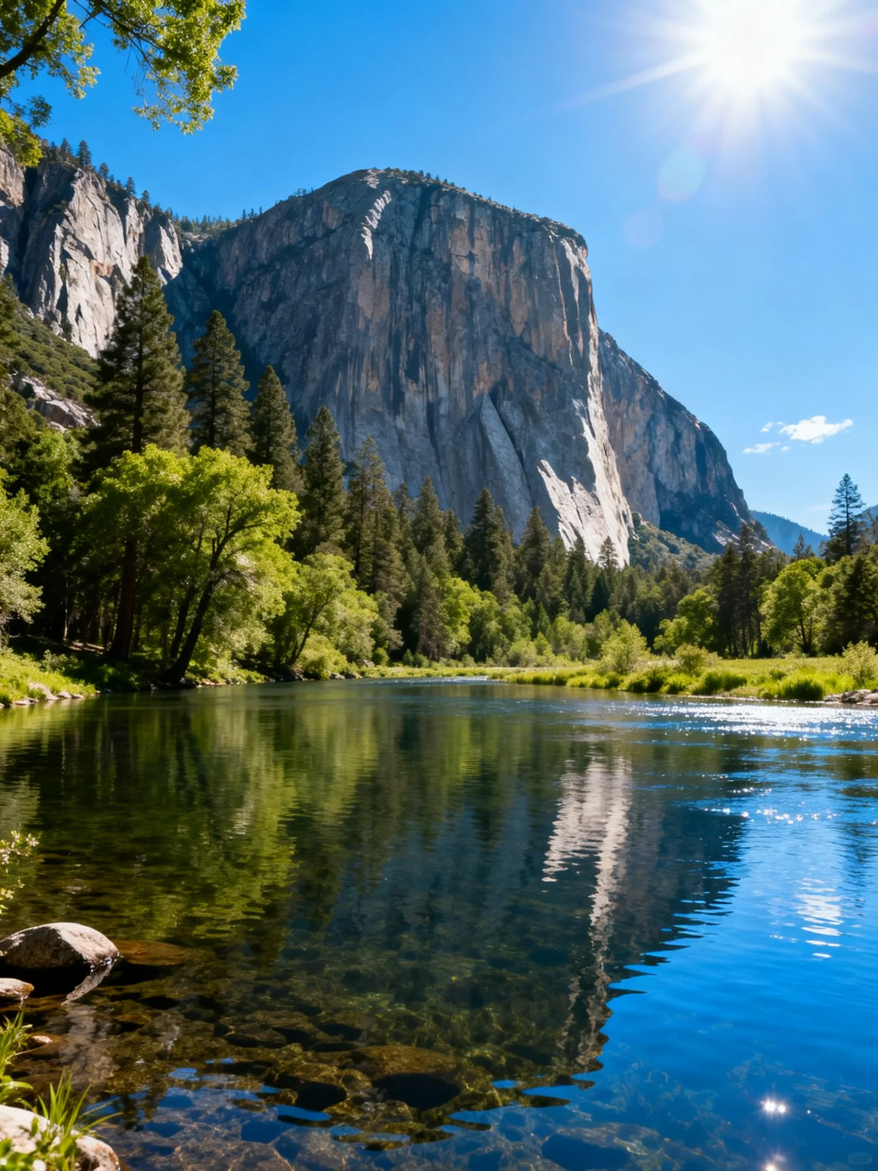 Towering granite cliffs reflected in a serene river amid dense green forests