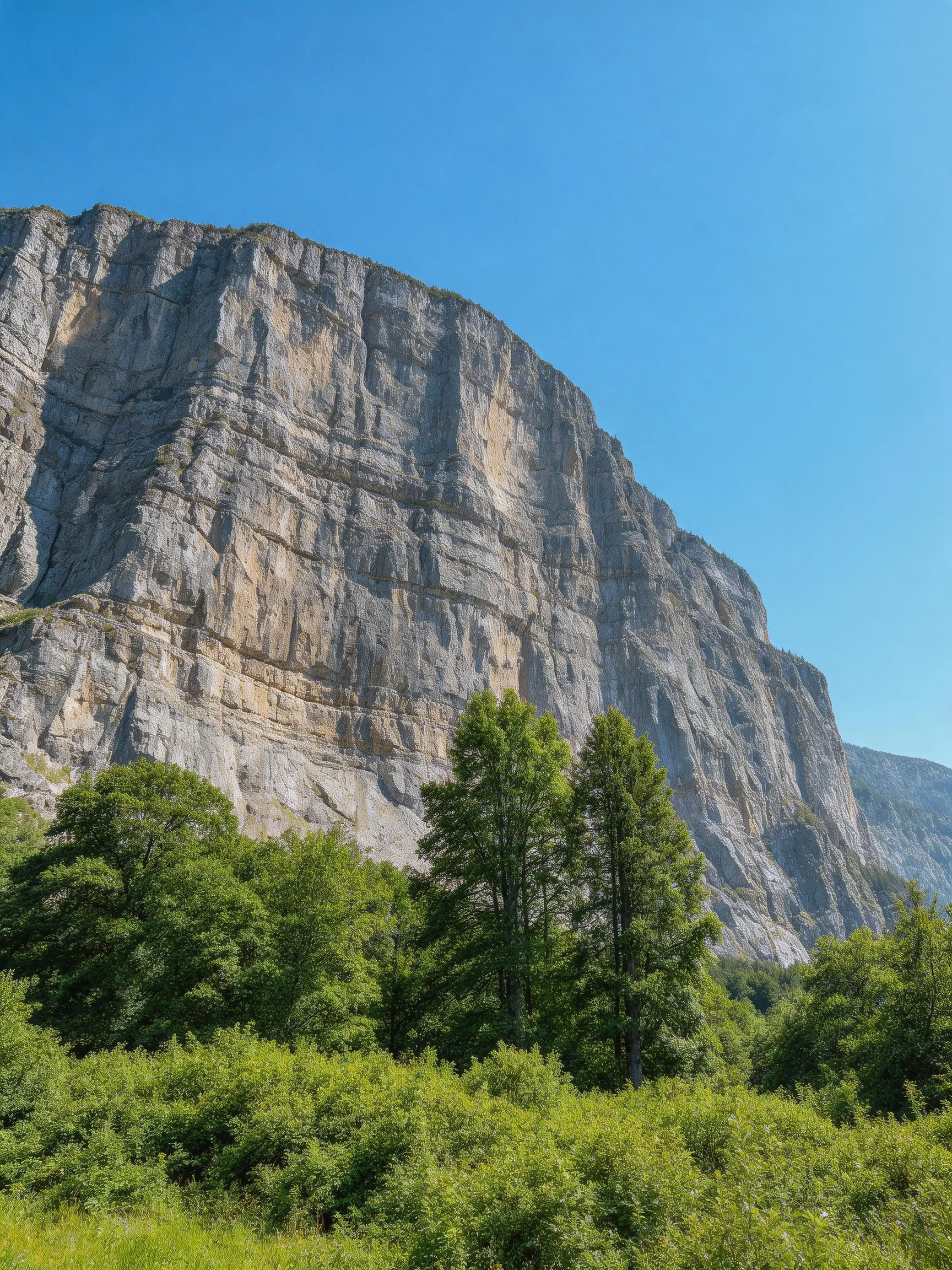 Towering gray cliff face beside lush green forest under clear blue sky