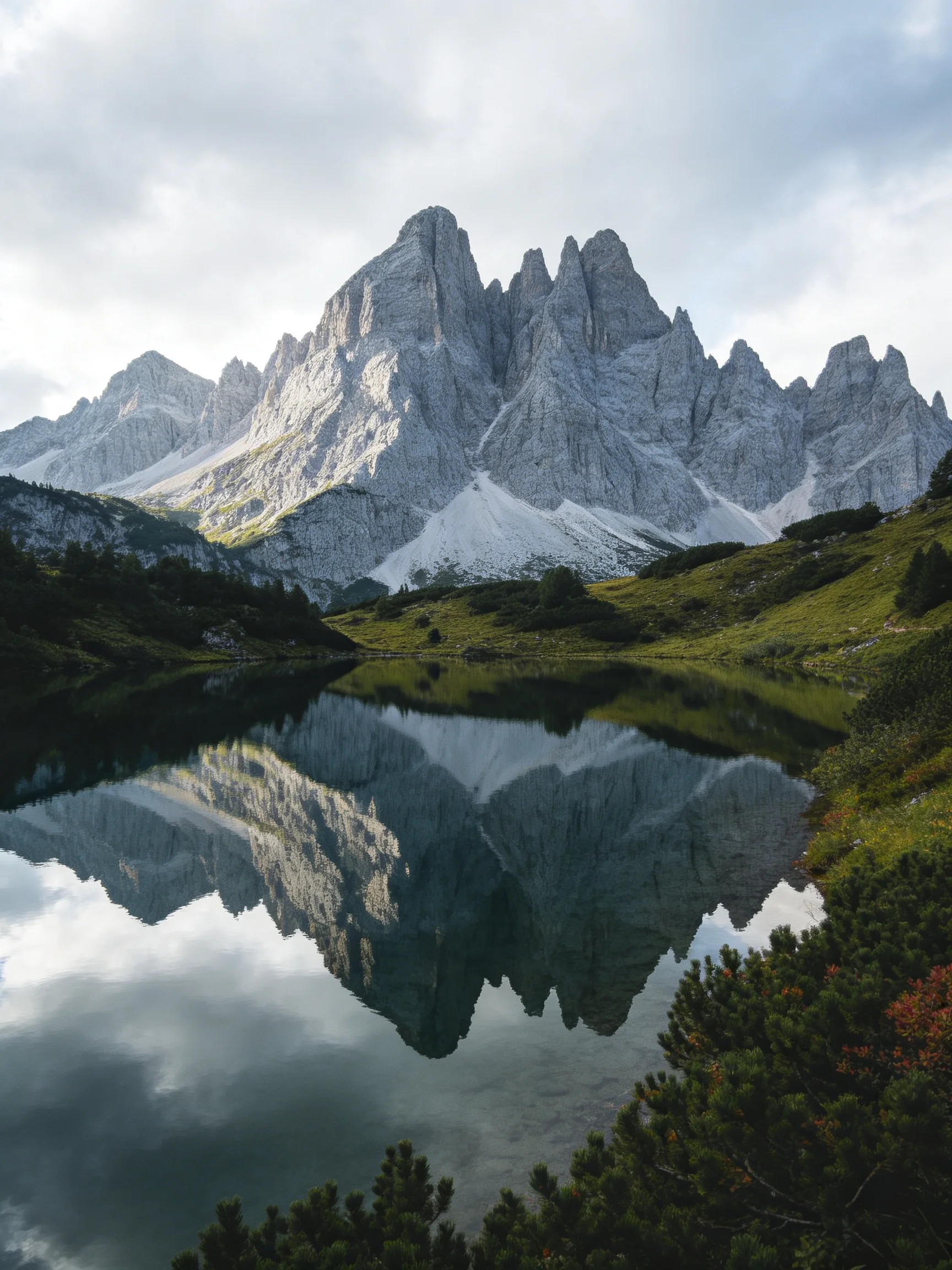 Towering gray mountain peaks reflected in a serene alpine lake