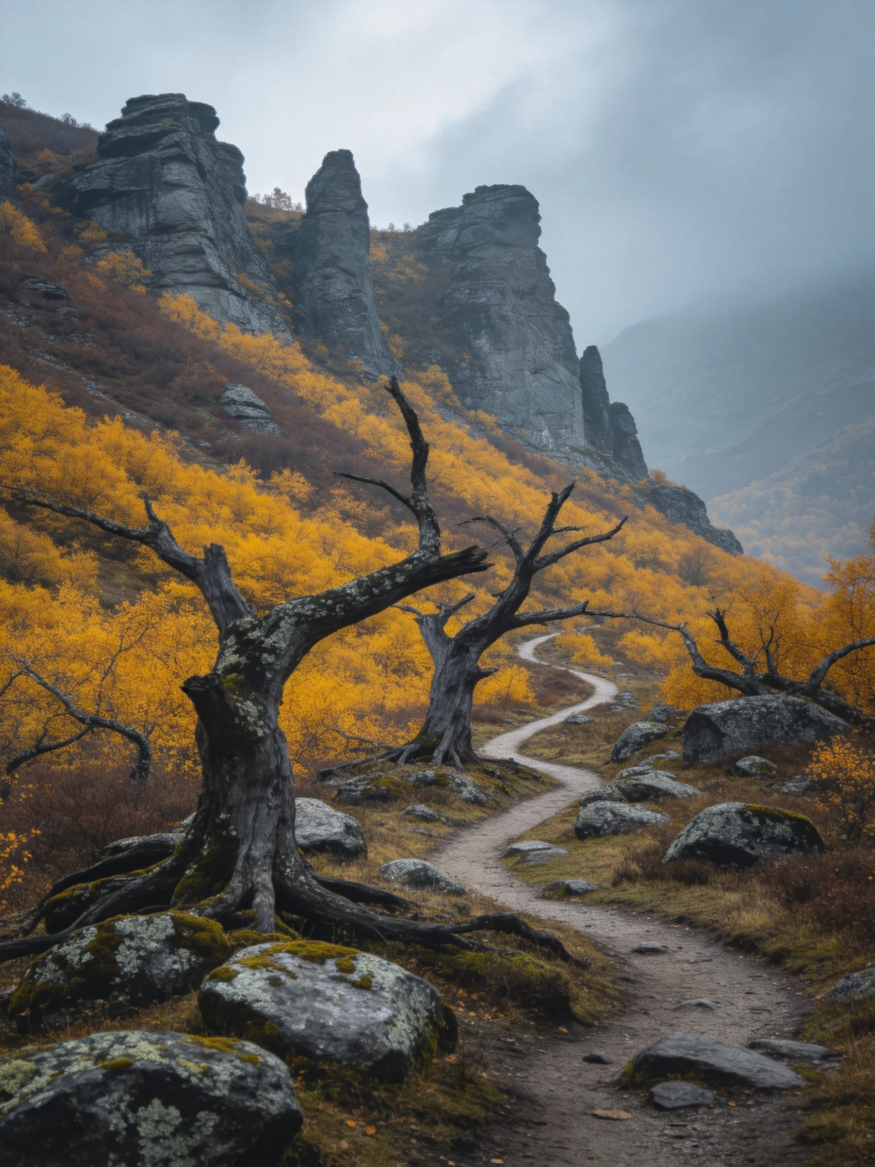 Towering gray rock formations overlook golden autumn forest with winding trail