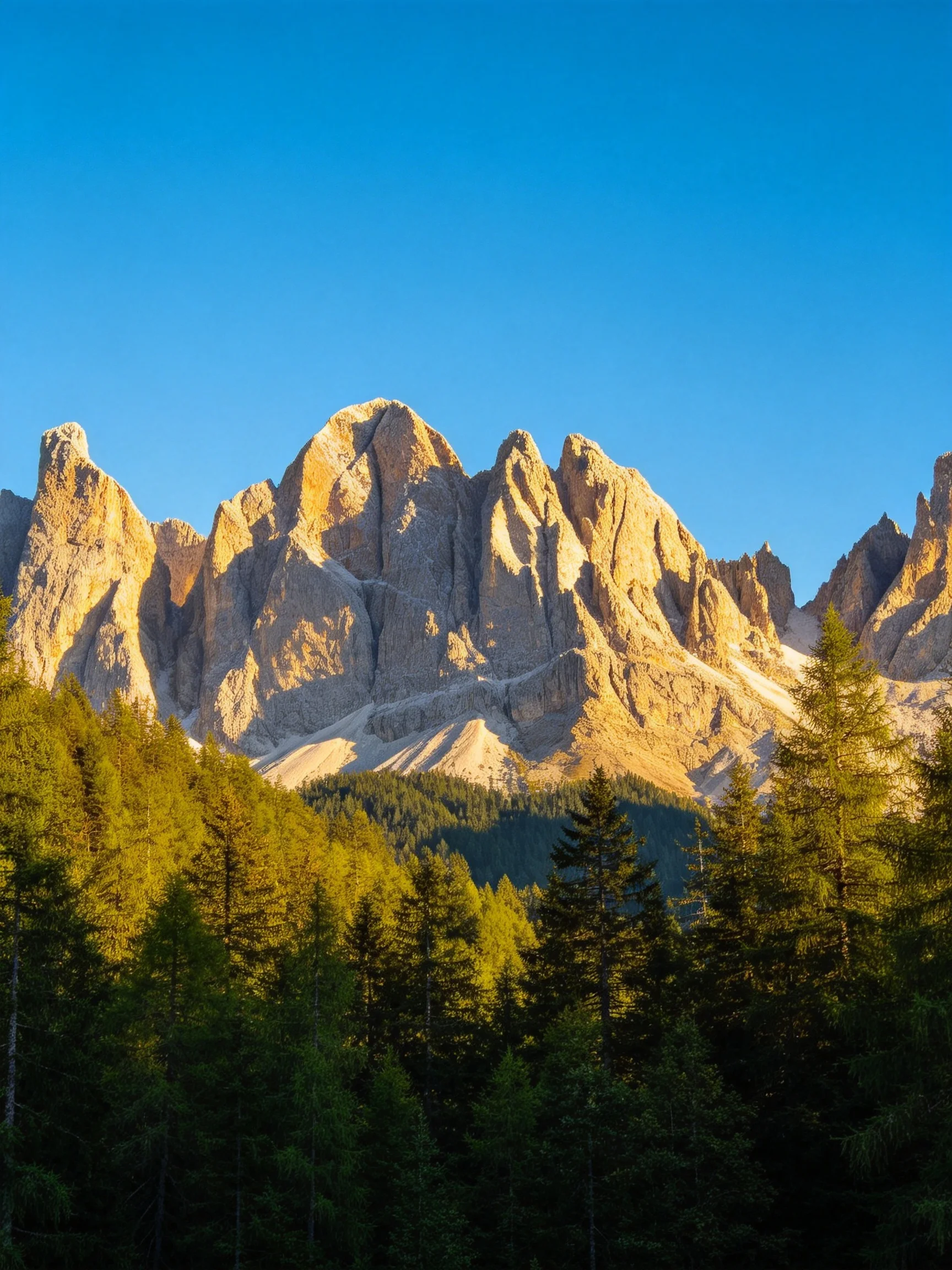 Towering jagged rock formations behind dense green forests under clear blue sky