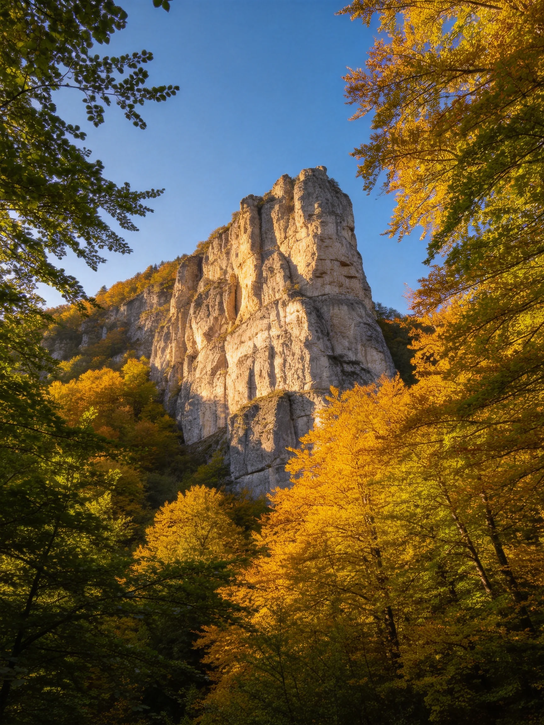 Towering limestone cliff framed by golden autumn foliage under clear blue sky
