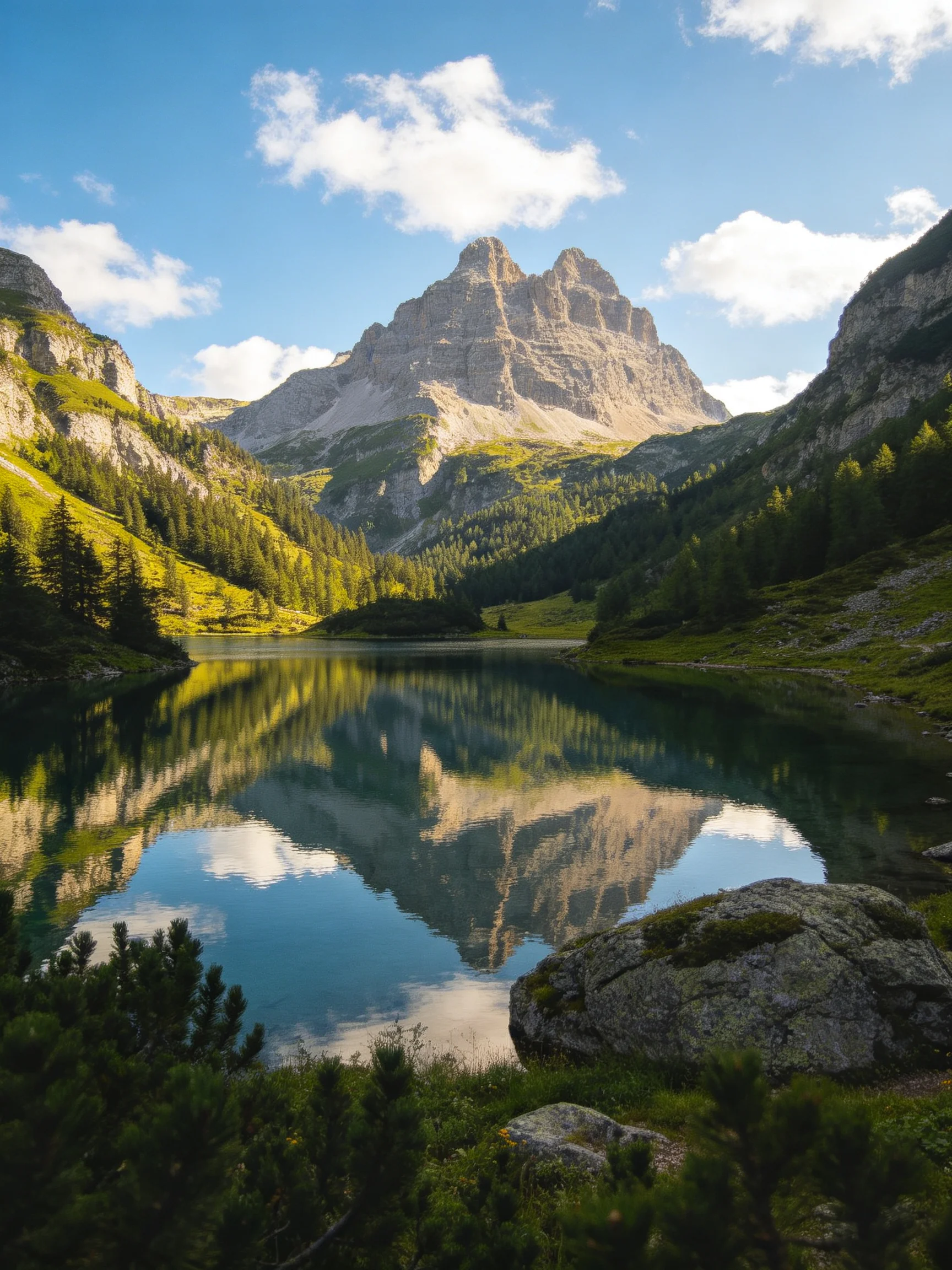 Towering mountain peak reflected in calm turquoise lake with lush forests