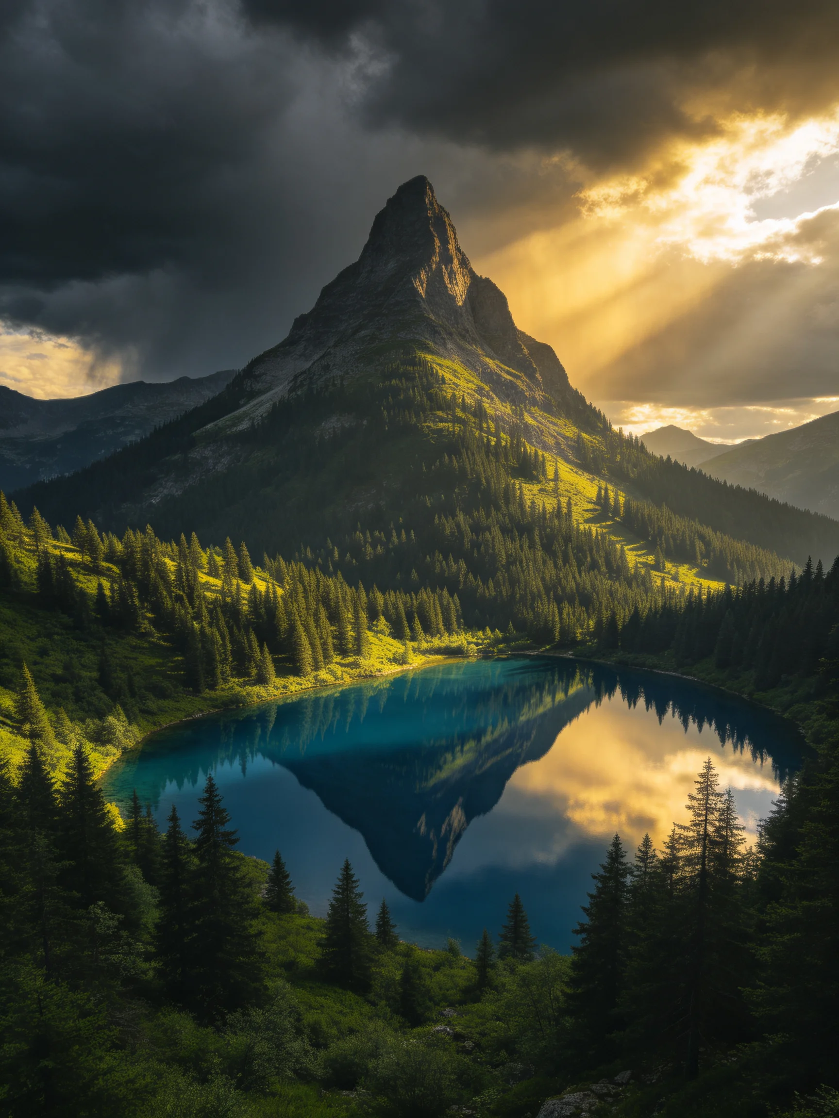 Towering mountain peak reflects in turquoise alpine lake amid dense forests