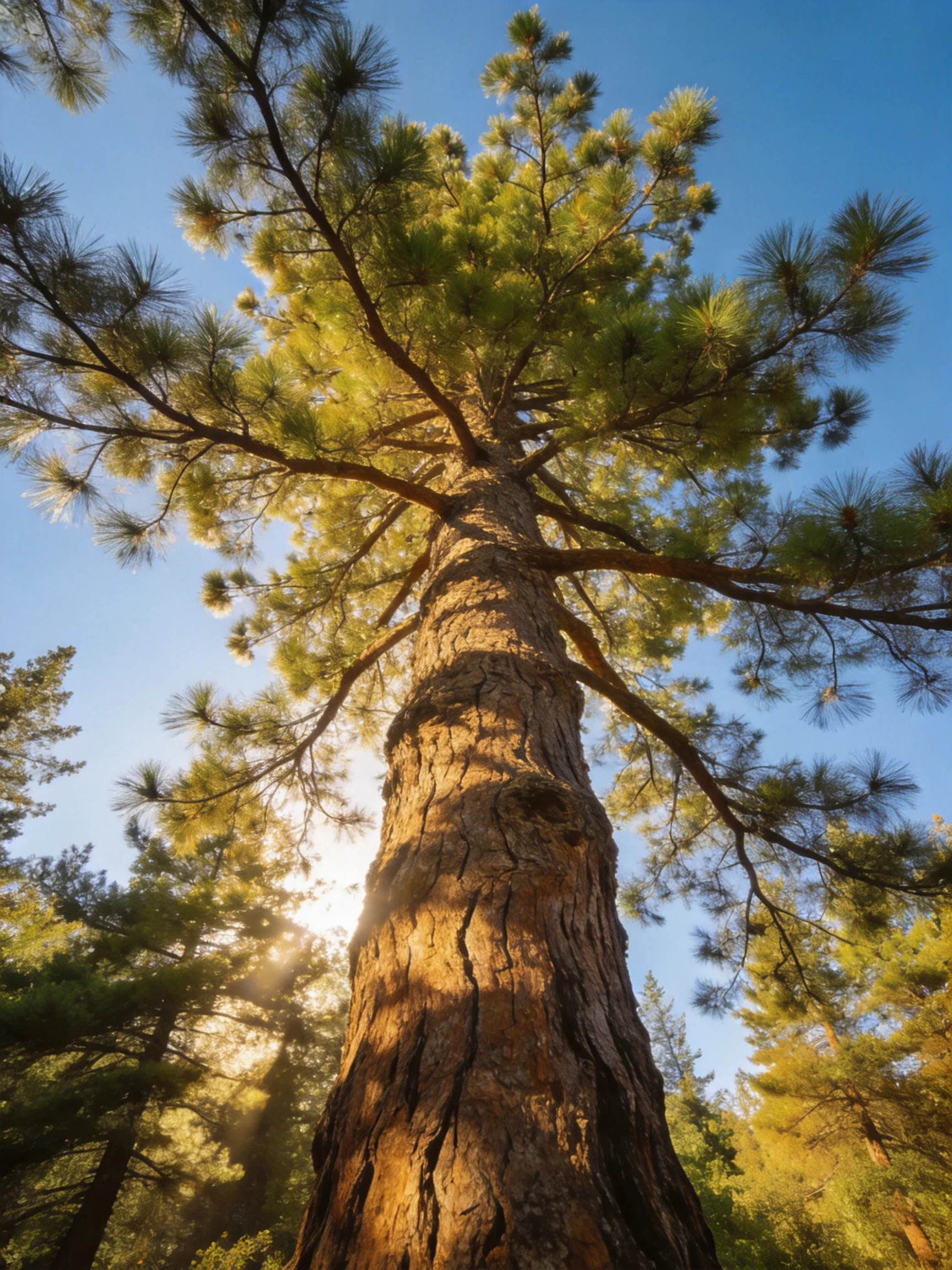Towering pine tree viewed upward with golden sunlight and clear blue sky