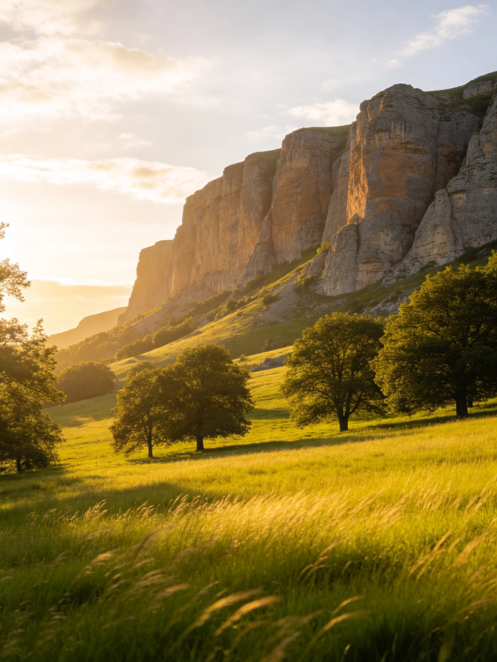 Towering rocky cliffs beside a sunlit green meadow with scattered trees