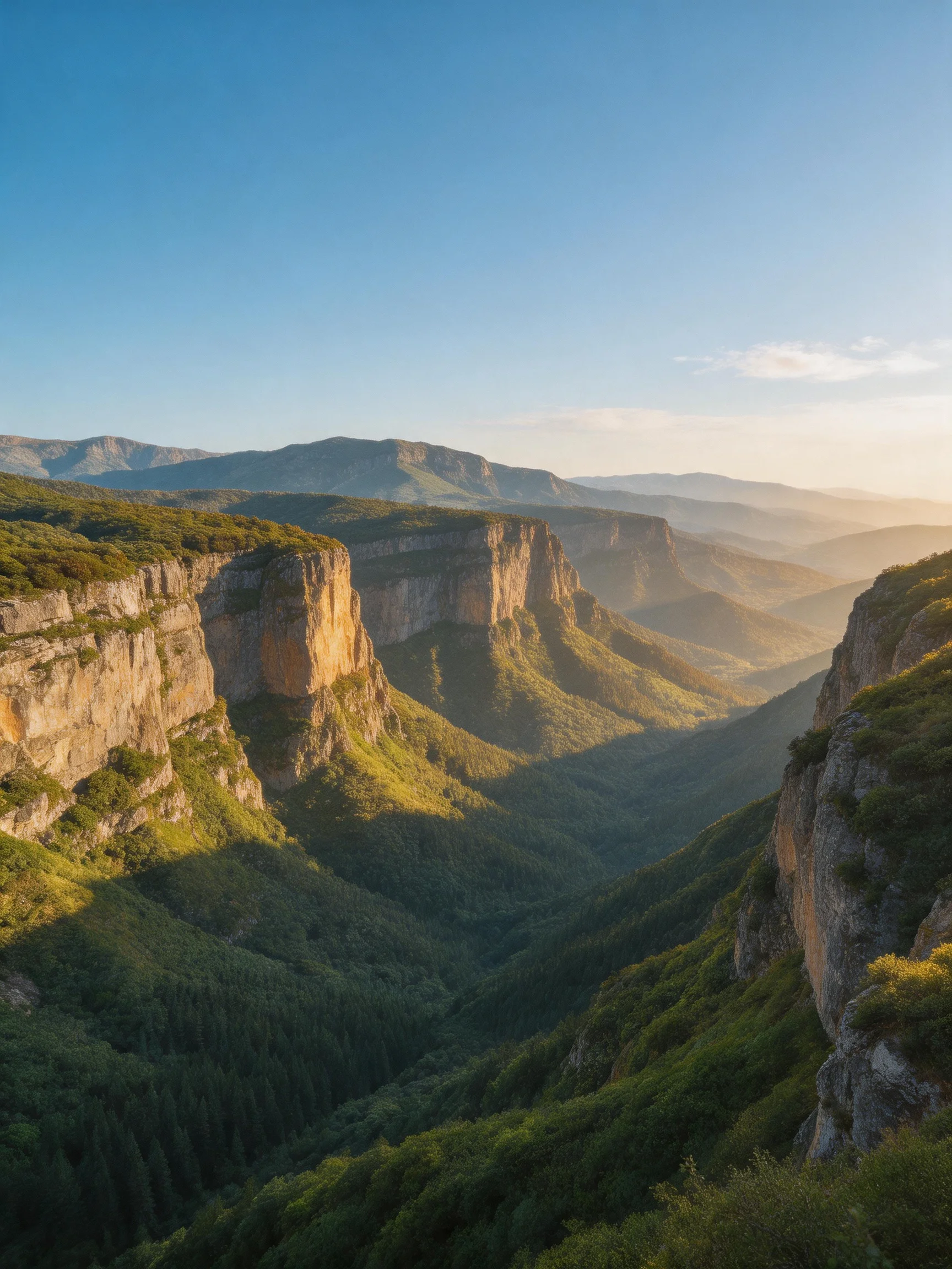 Towering rocky cliffs frame lush valleys beneath a clear blue sky