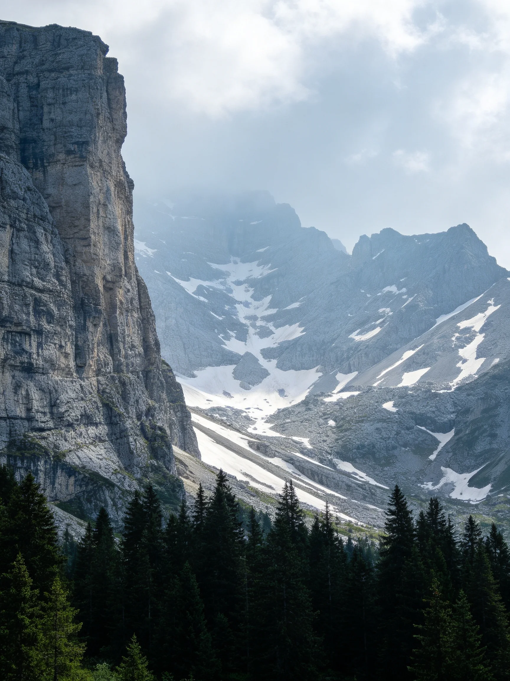 Towering rocky cliffs with snow-capped peaks and dense evergreen forest