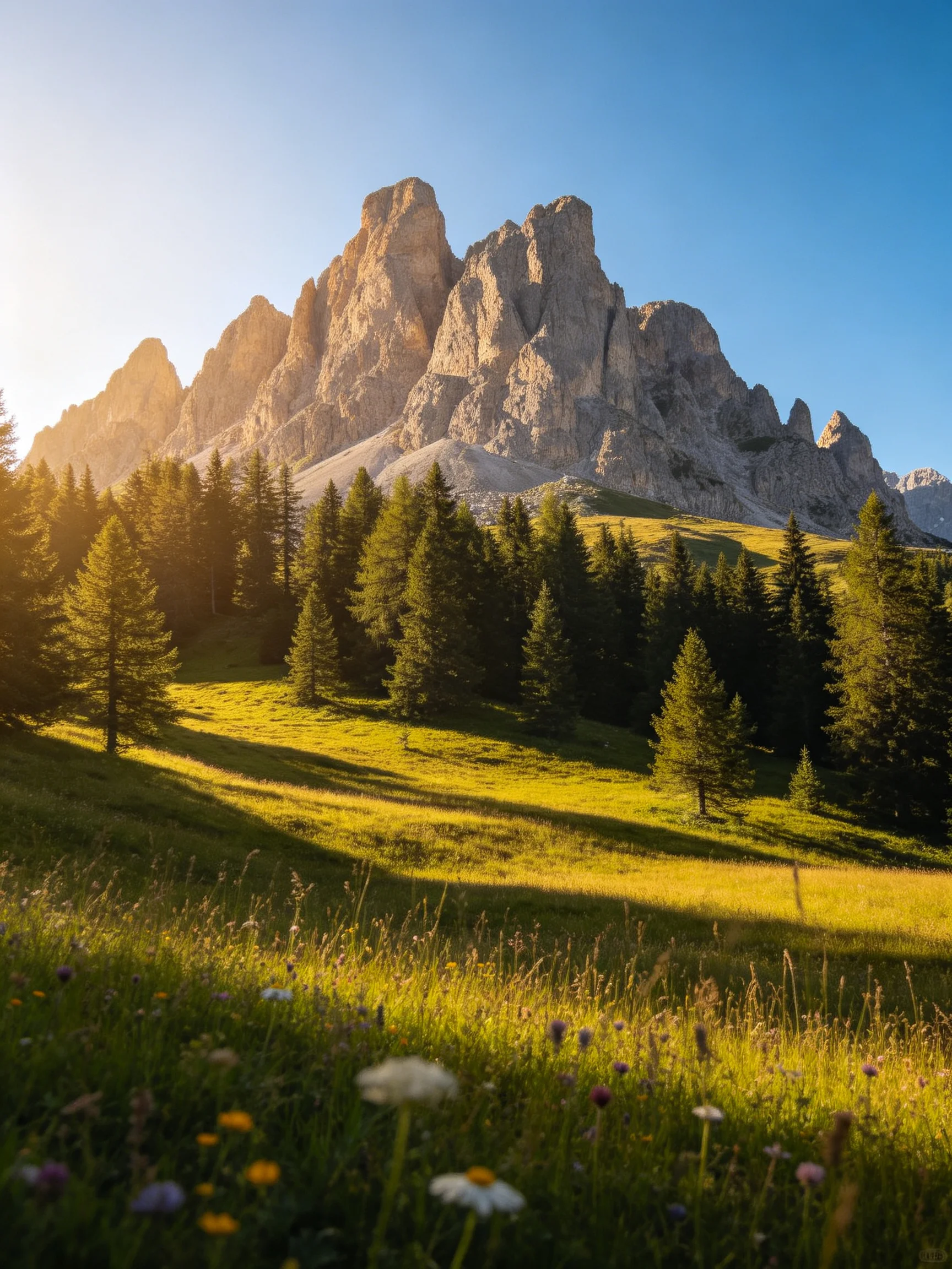 Towering rocky mountain peaks above green meadow and pine forest