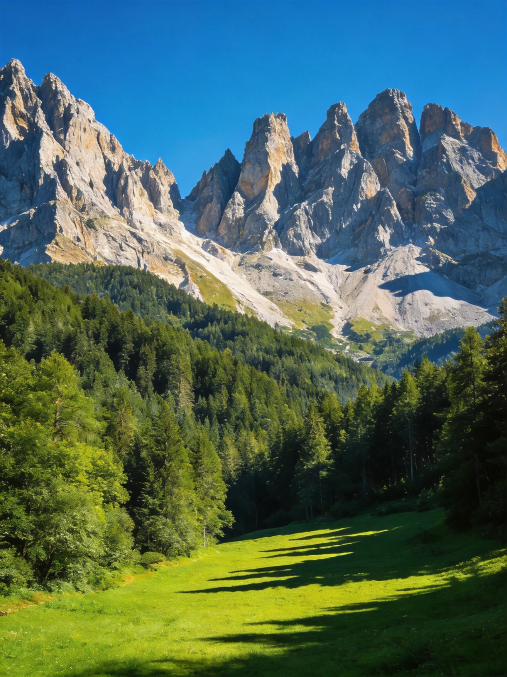 Towering rocky peaks behind dense evergreen forests and a bright green meadow