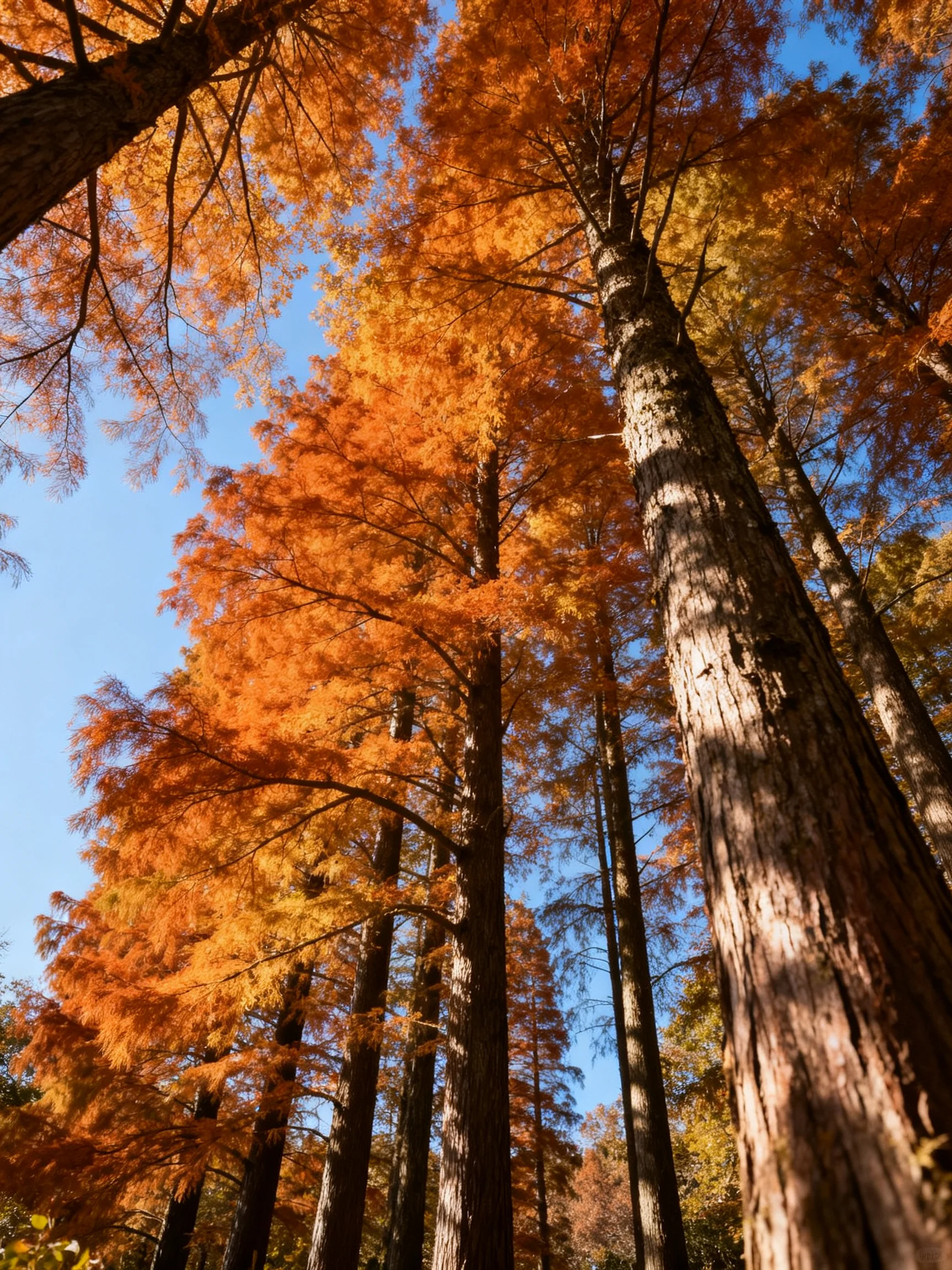 Towering trees with golden-orange autumn leaves against blue sky