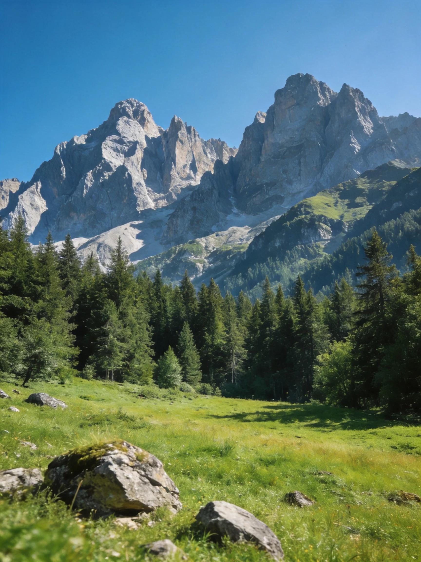 Toweringrocky peaks behind lush green meadows and dense evergreen forests