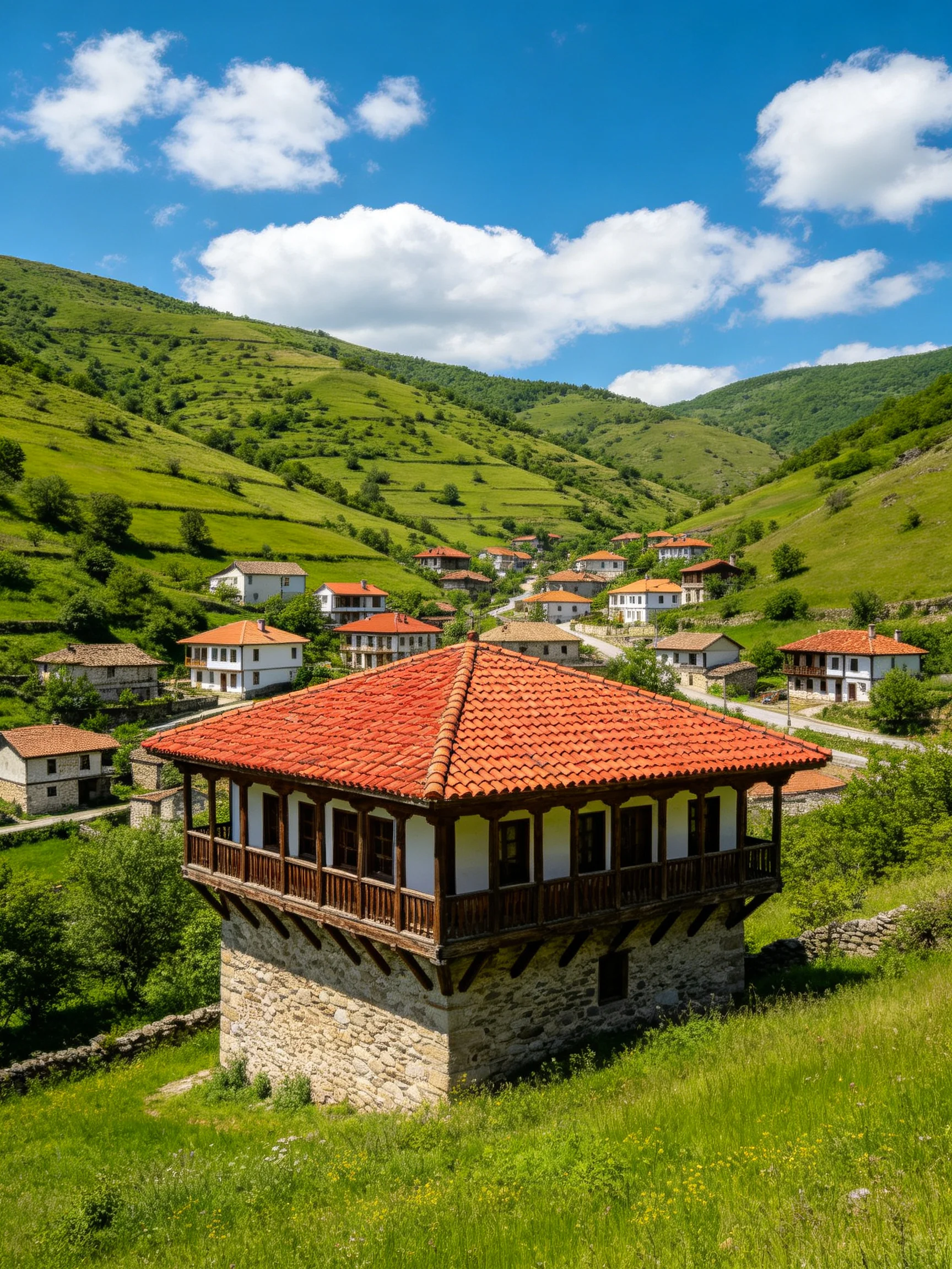 Traditional village with red-tiled houses among lush green hills