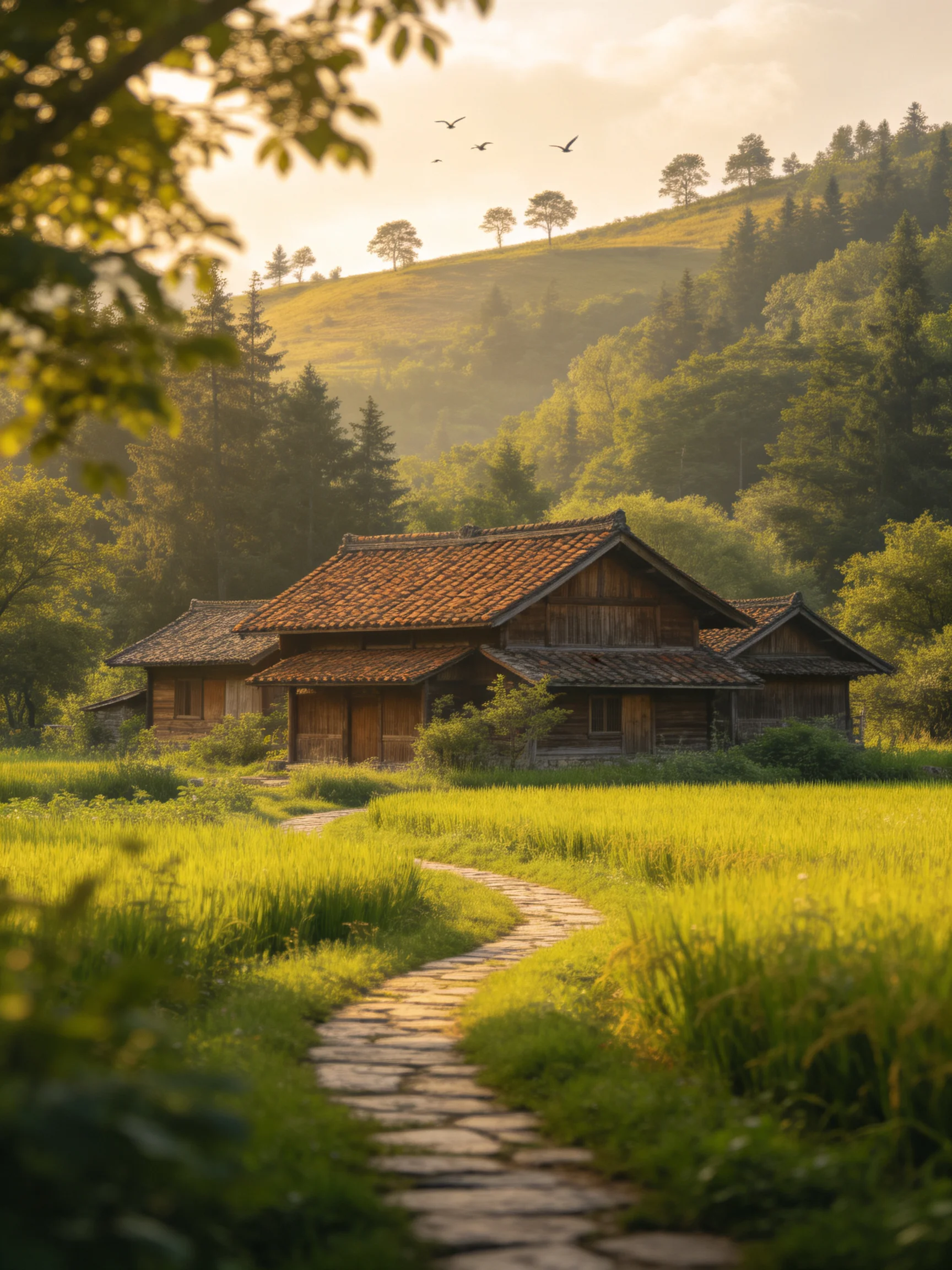 Traditional wooden house with terracotta roof near golden fields and forested hills