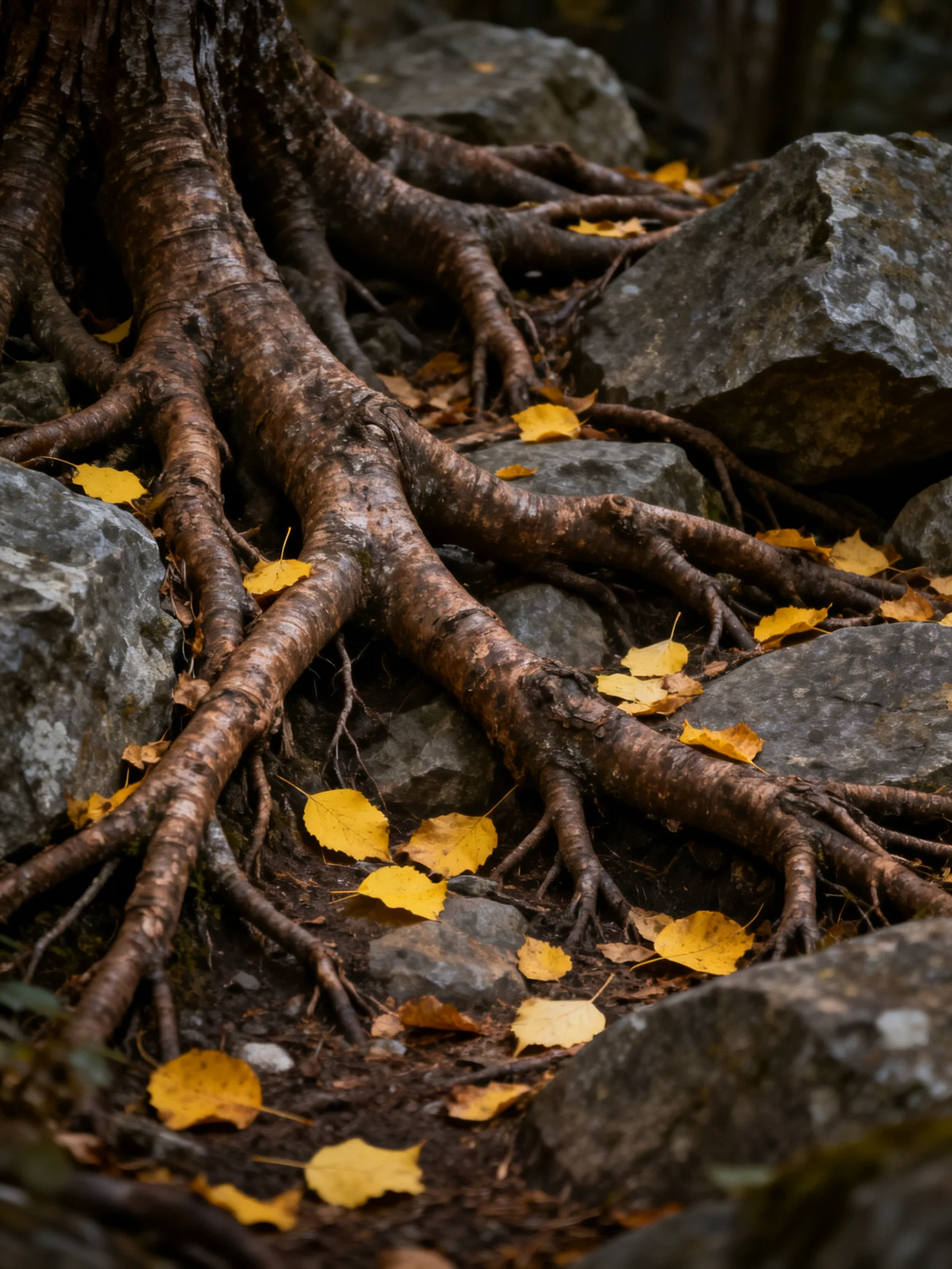 Tree roots sprawling among large gray rocks with scattered golden autumn leaves