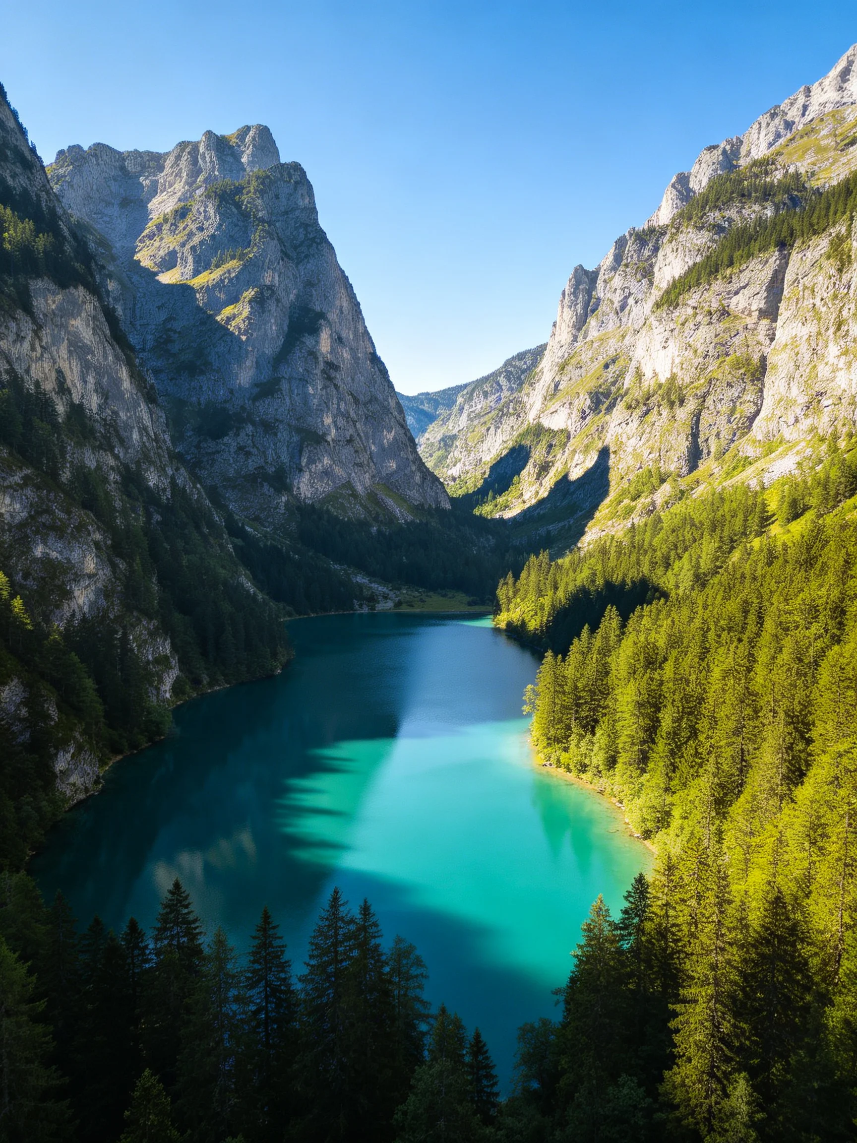 Turquoise Lake Enclosed by Gray Cliffs and Lush Forests