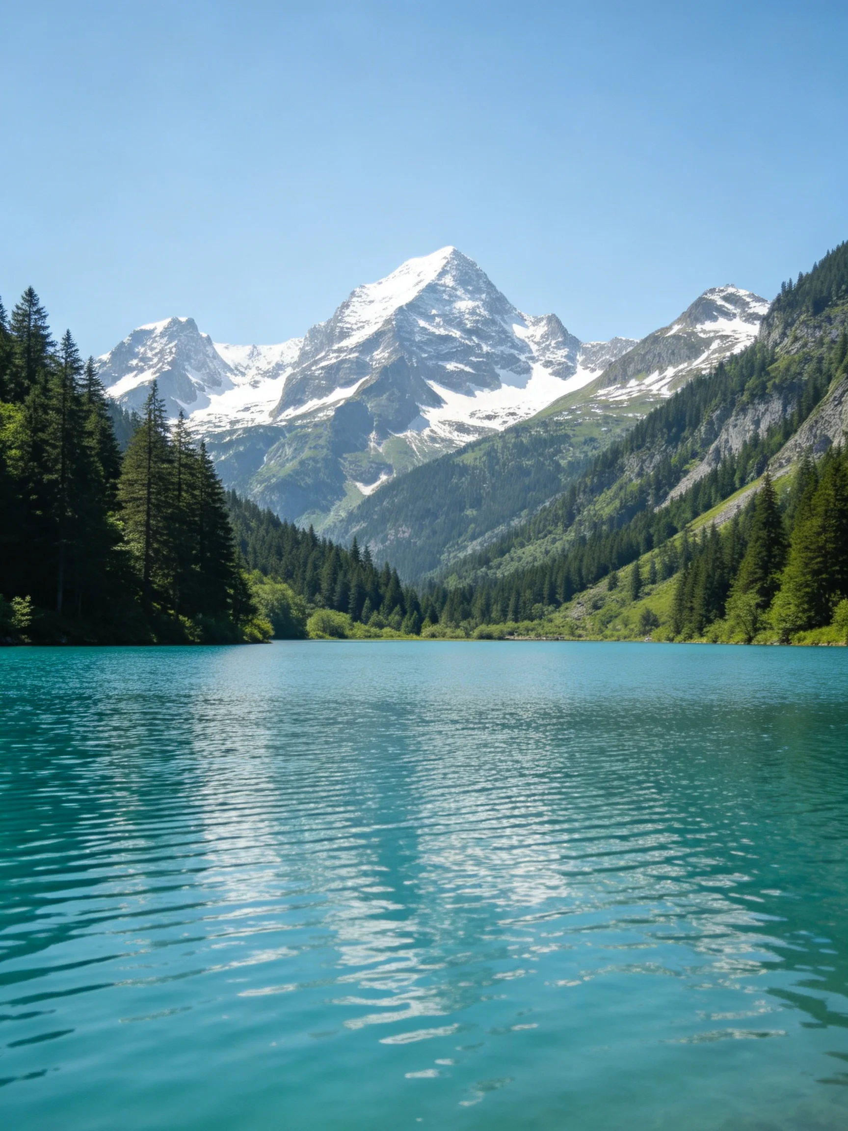 Turquoise Lake Enclosed by Lush Forests and Snow - Capped Peaks
