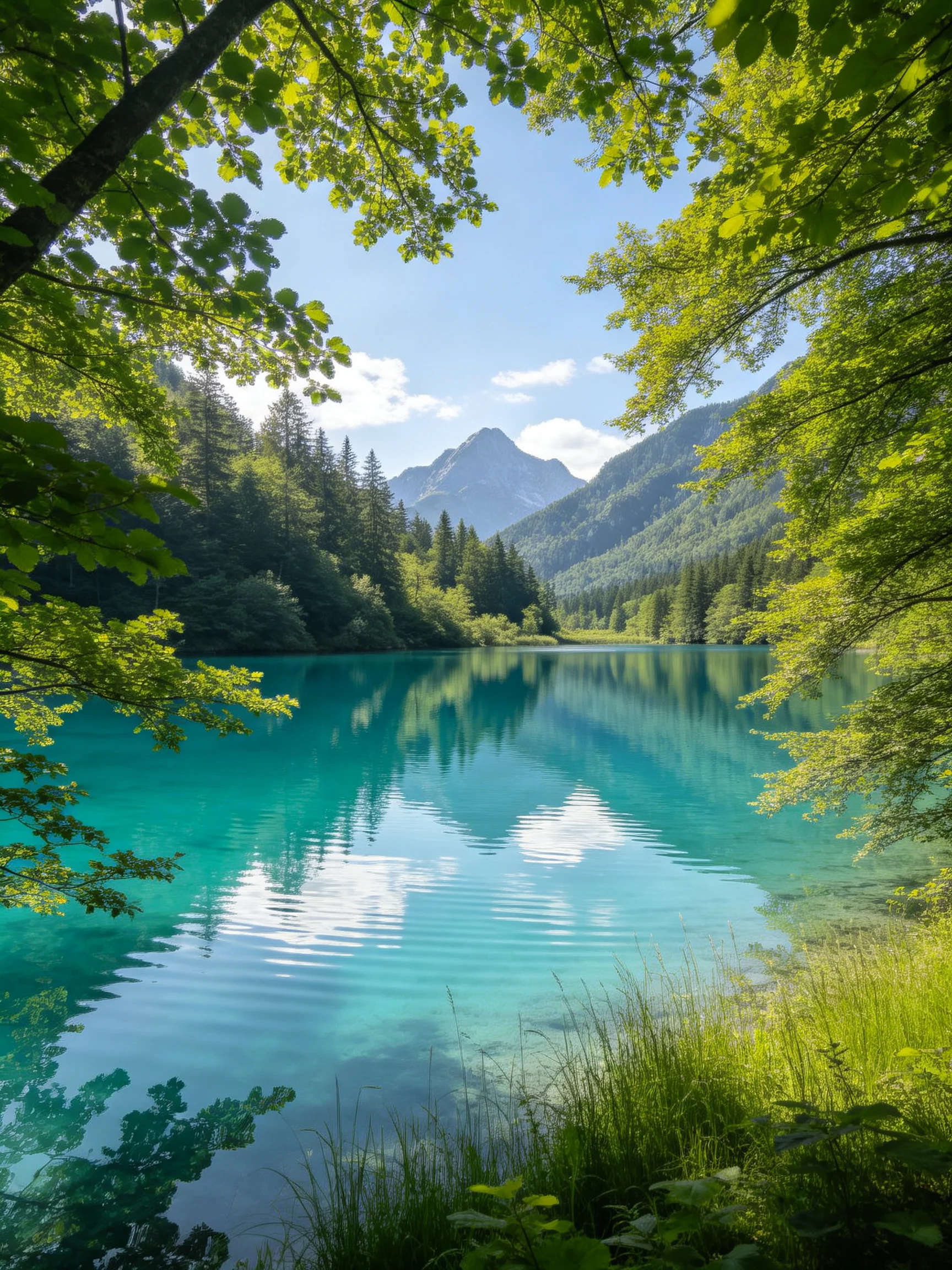 Turquoise Lake Framed by Lush Greenery and Mountain Peaks