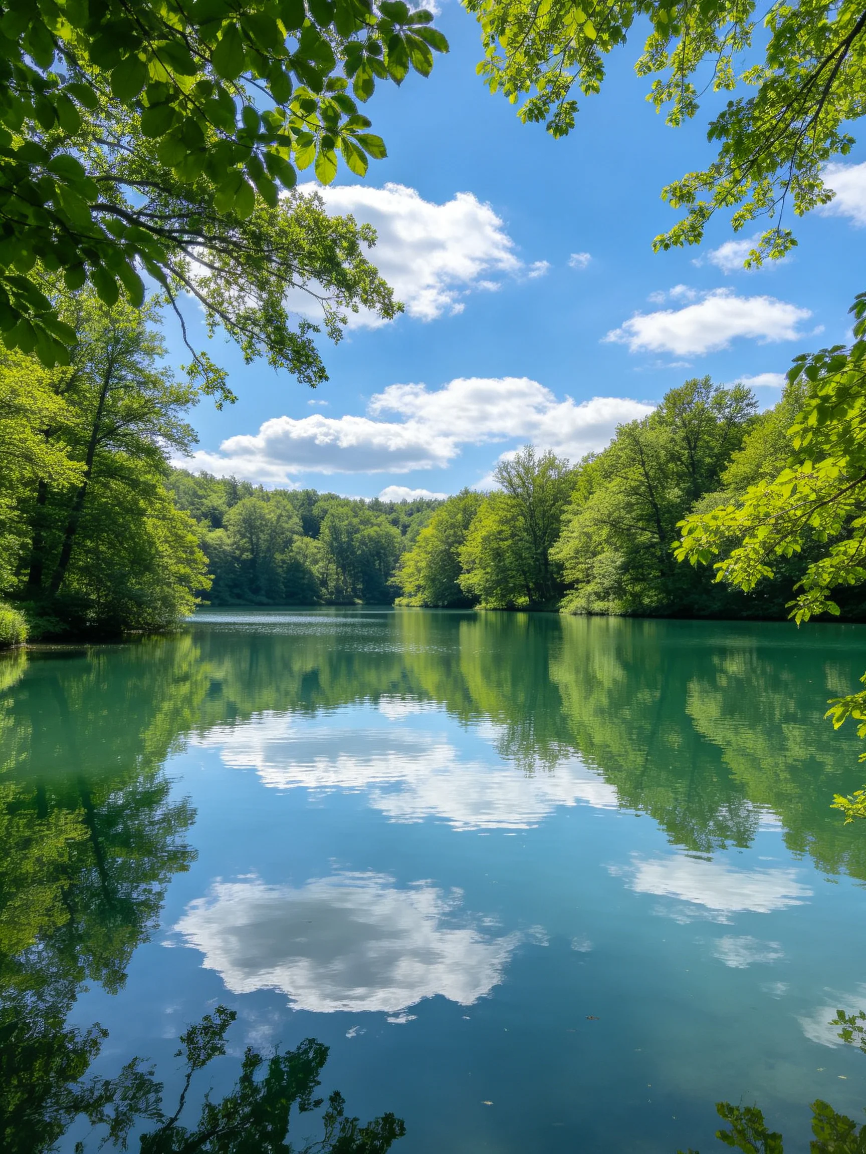 Turquoise Lake Reflecting Blue Sky Among Lush Green Trees
