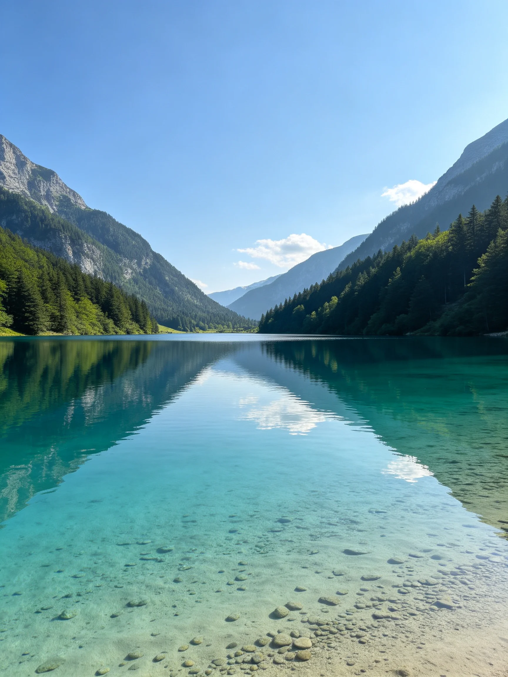 Turquoise Lake Reflecting Forested Mountains Under Bright Blue Sky