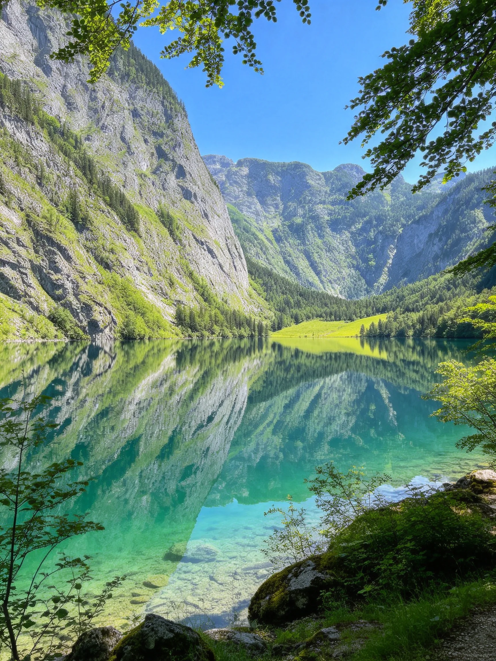 Turquoise Lake Reflecting Gray Cliffs and Lush Greenery