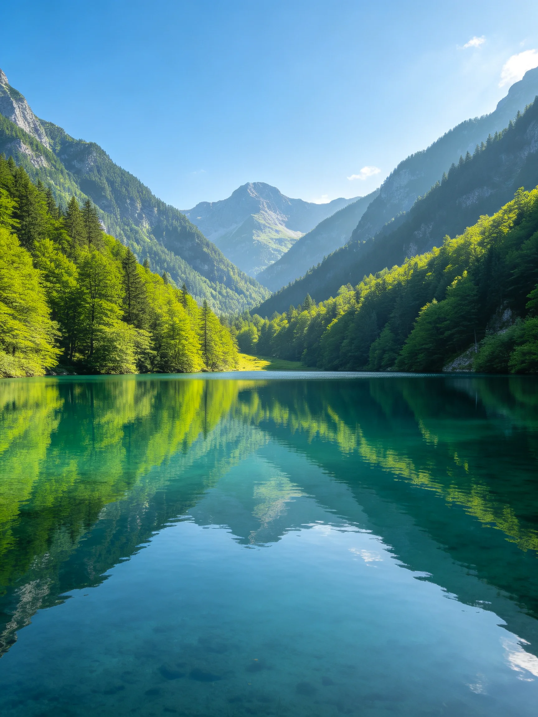 Turquoise Lake Reflecting Lush Forests and Majestic Mountains