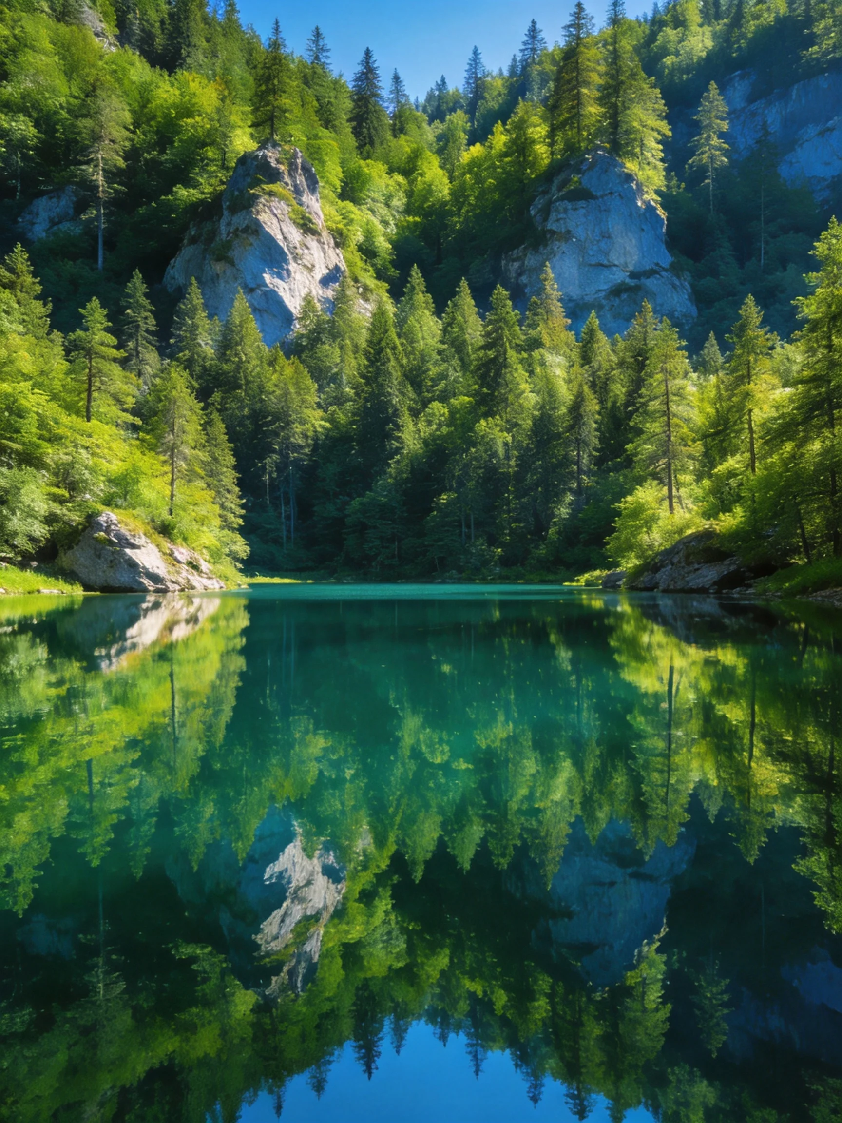 Turquoise Lake Reflecting Lush Forests and Rocky Cliffs