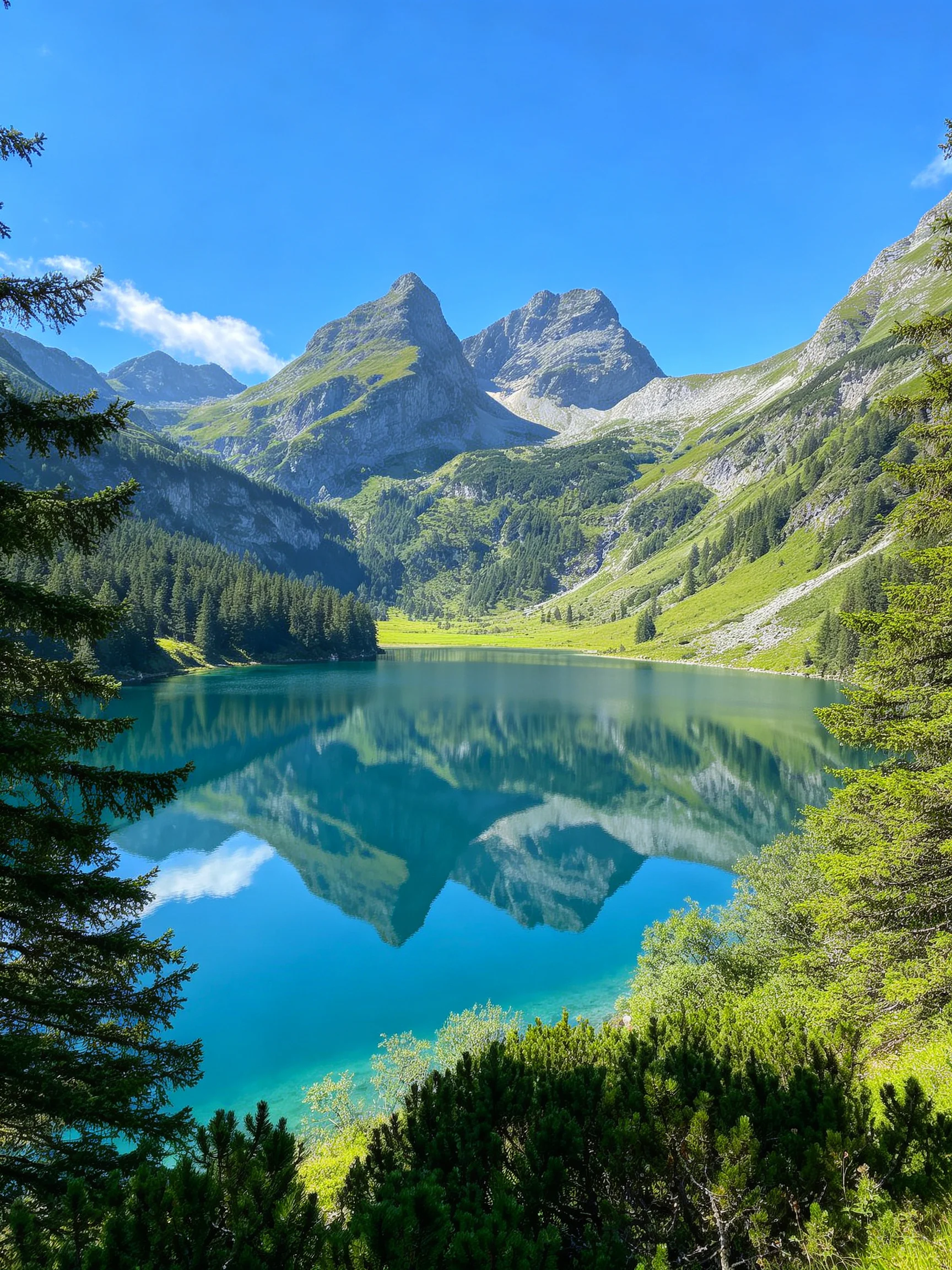 Turquoise Lake Reflecting Majestic Green Mountains Under Bright Blue Sky