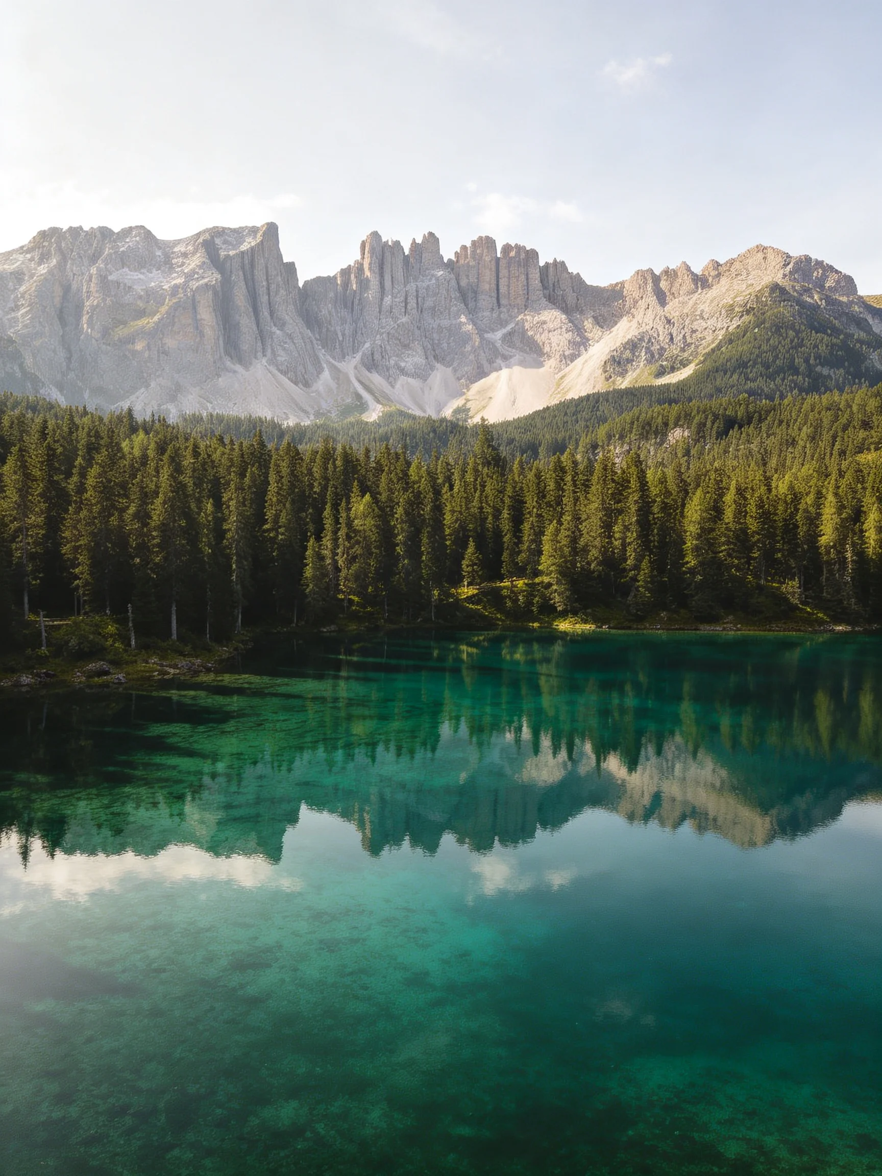 Turquoise Lake Reflects Dense Green Forest and Towering Gray Mountains