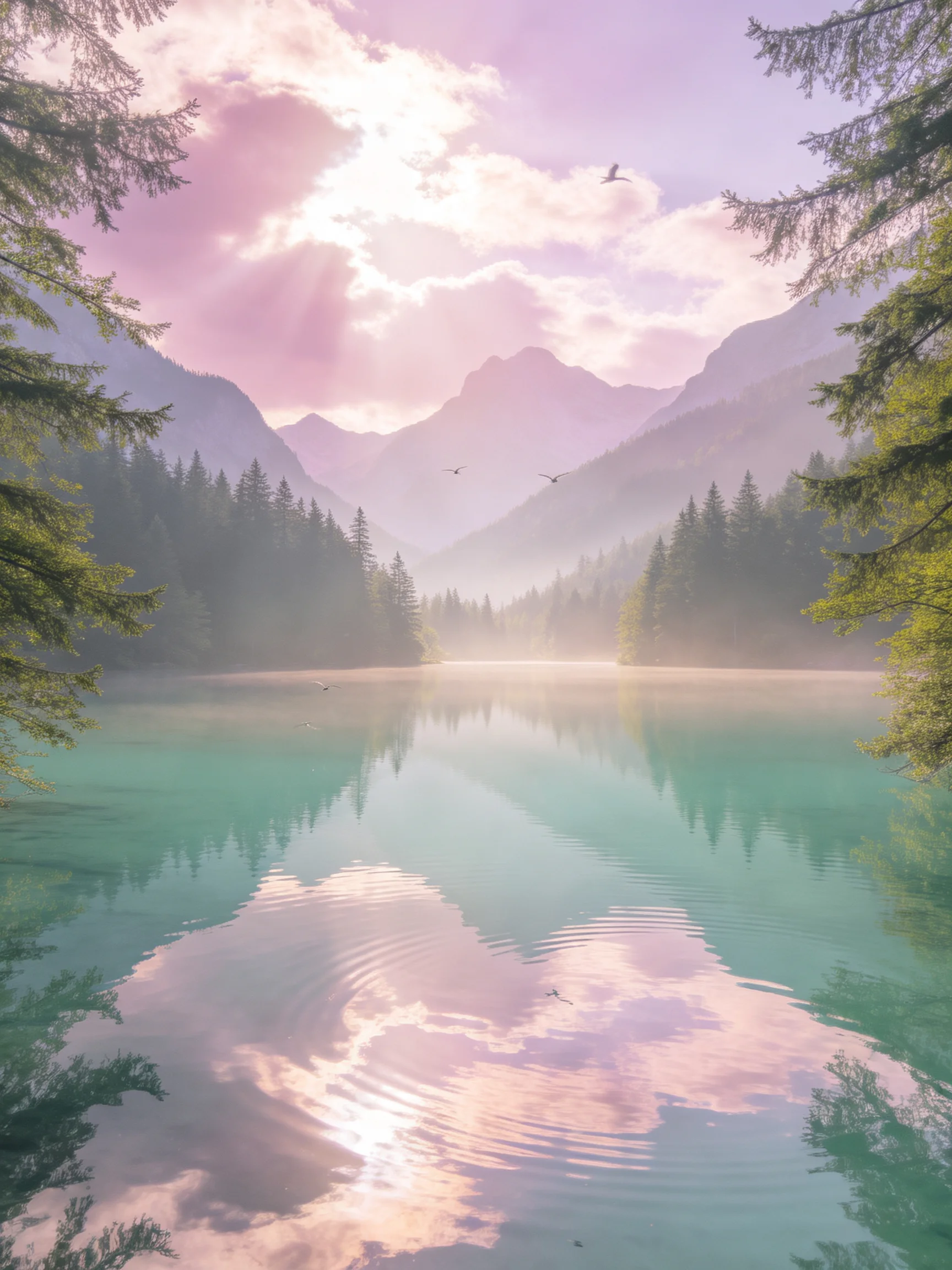 Turquoise Lake Reflects Misty Mountains Under Pink-Hued Sky