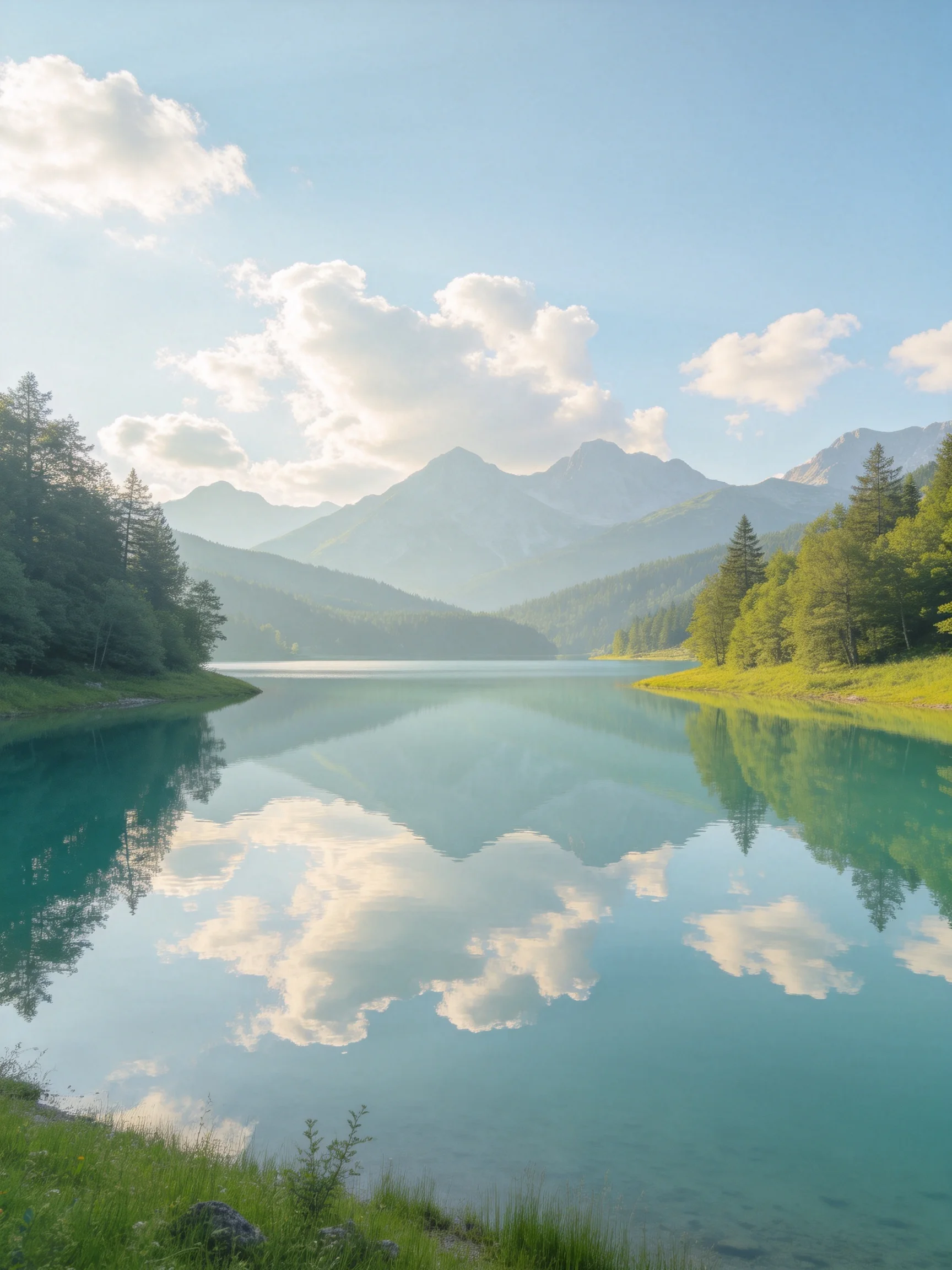 Turquoise Lake Reflects Misty Mountains With Green Forests Along Banks