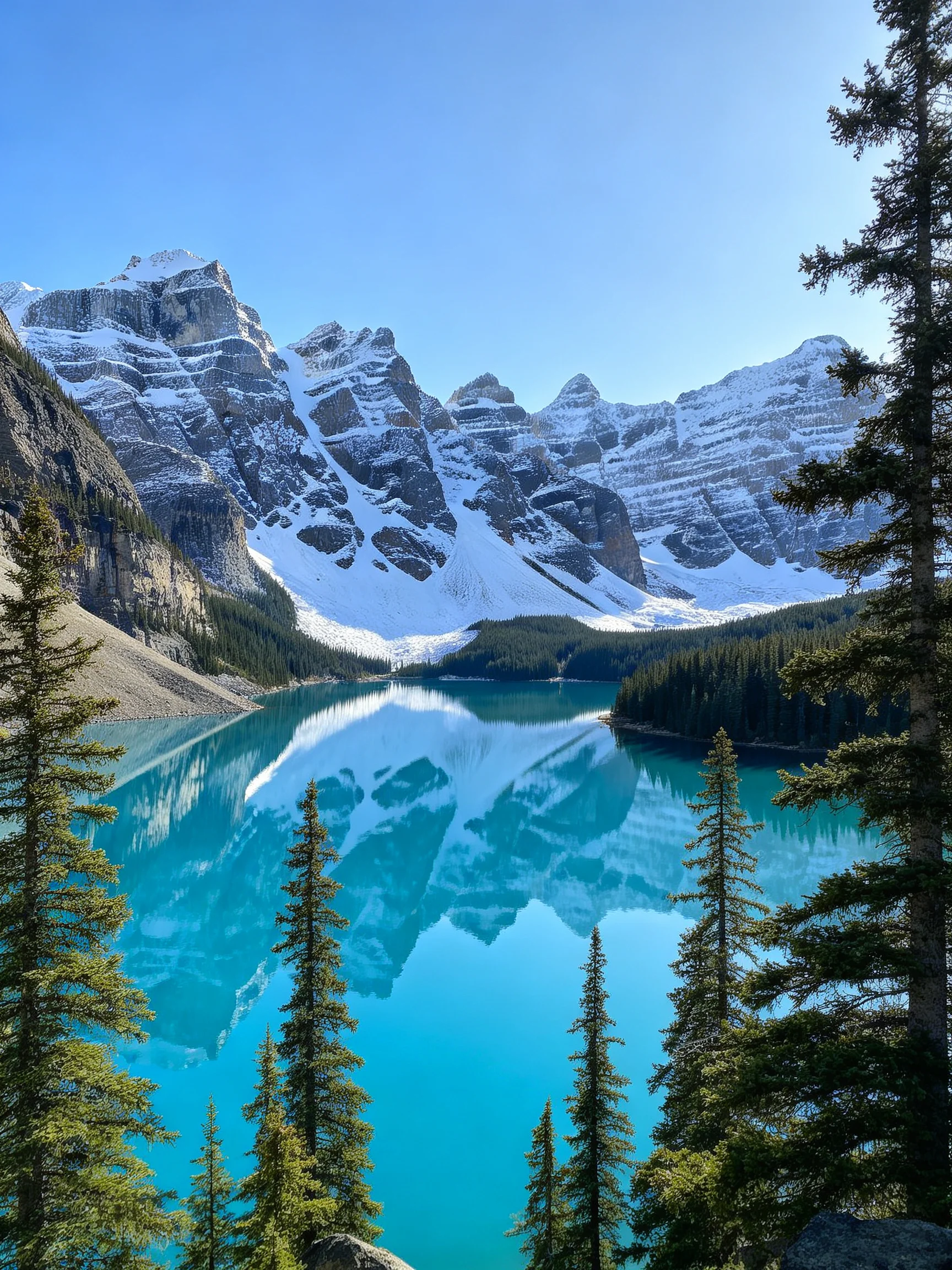 Turquoise Lake Reflects Snow-Capped Peaks Among Evergreen Forests