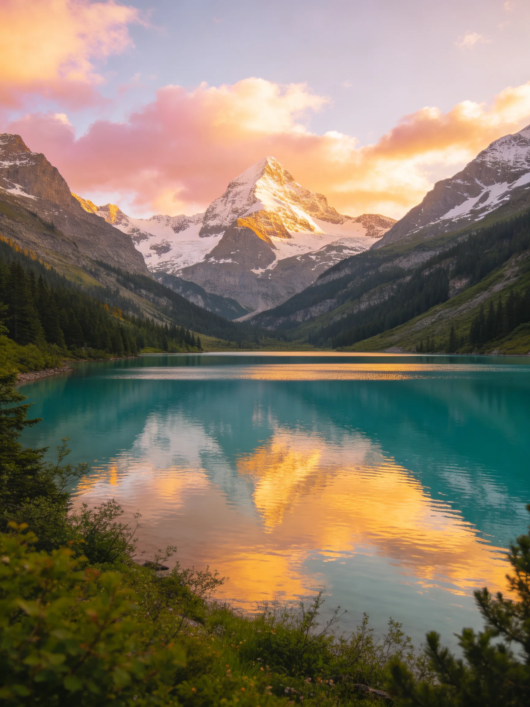Turquoise Lake Reflects Snow-Capped Peaks Under Pink Sunset Skies