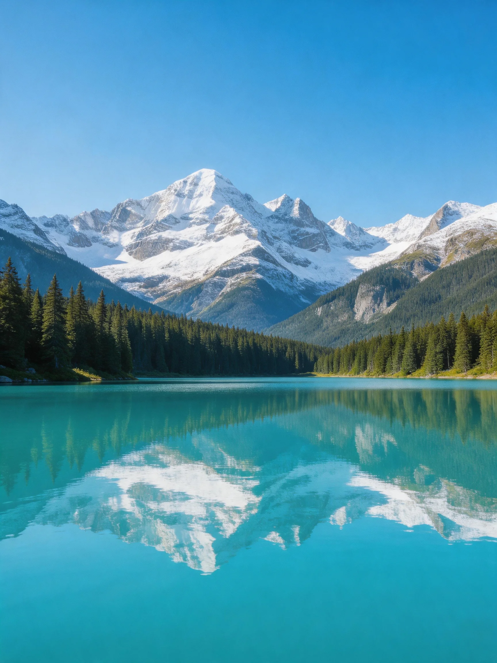 Turquoise Lake Reflects Snow-Capped Peaks and Evergreen Forests
