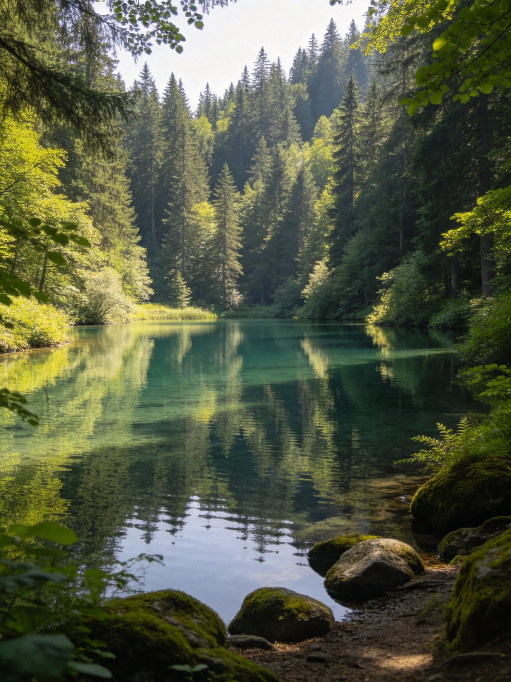 Turquoise Lake Surrounded by Dense Green Forest and Moss-Covered Rocks