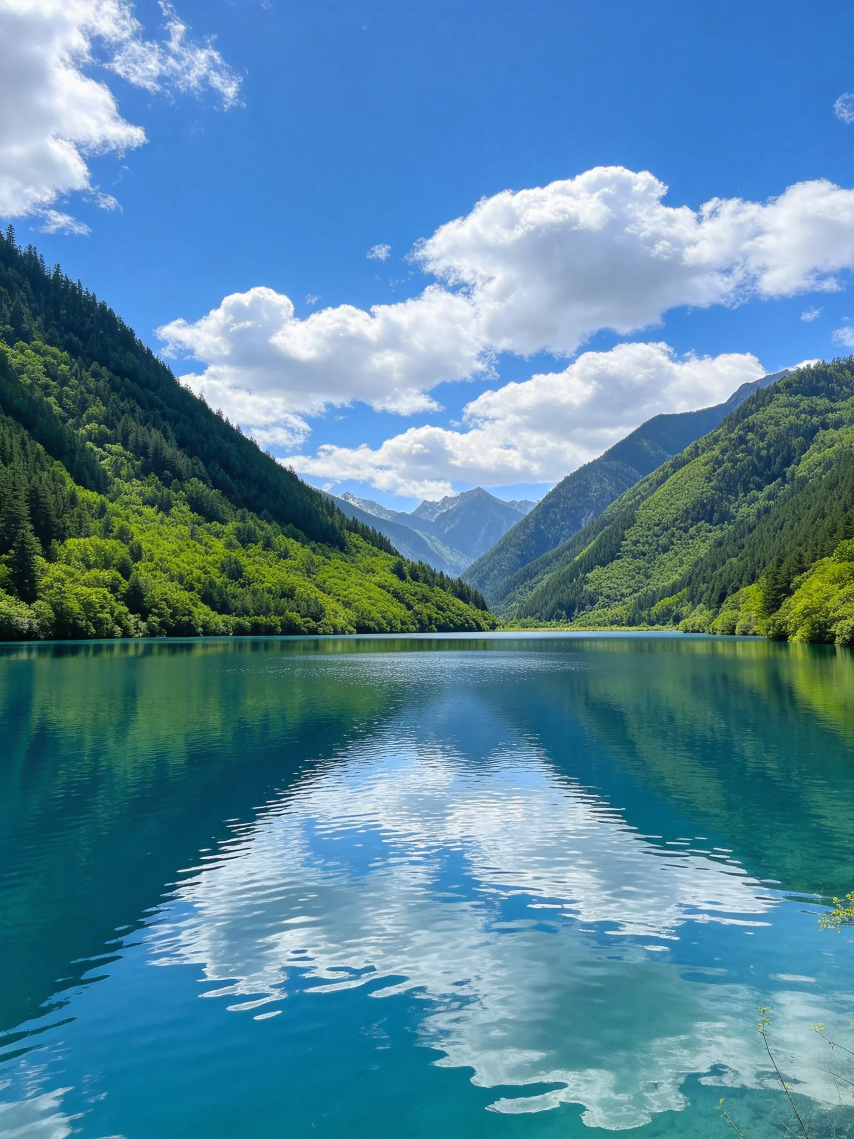 Turquoise Lake Surrounded by Lush Green Mountains Under Bright Blue Sky