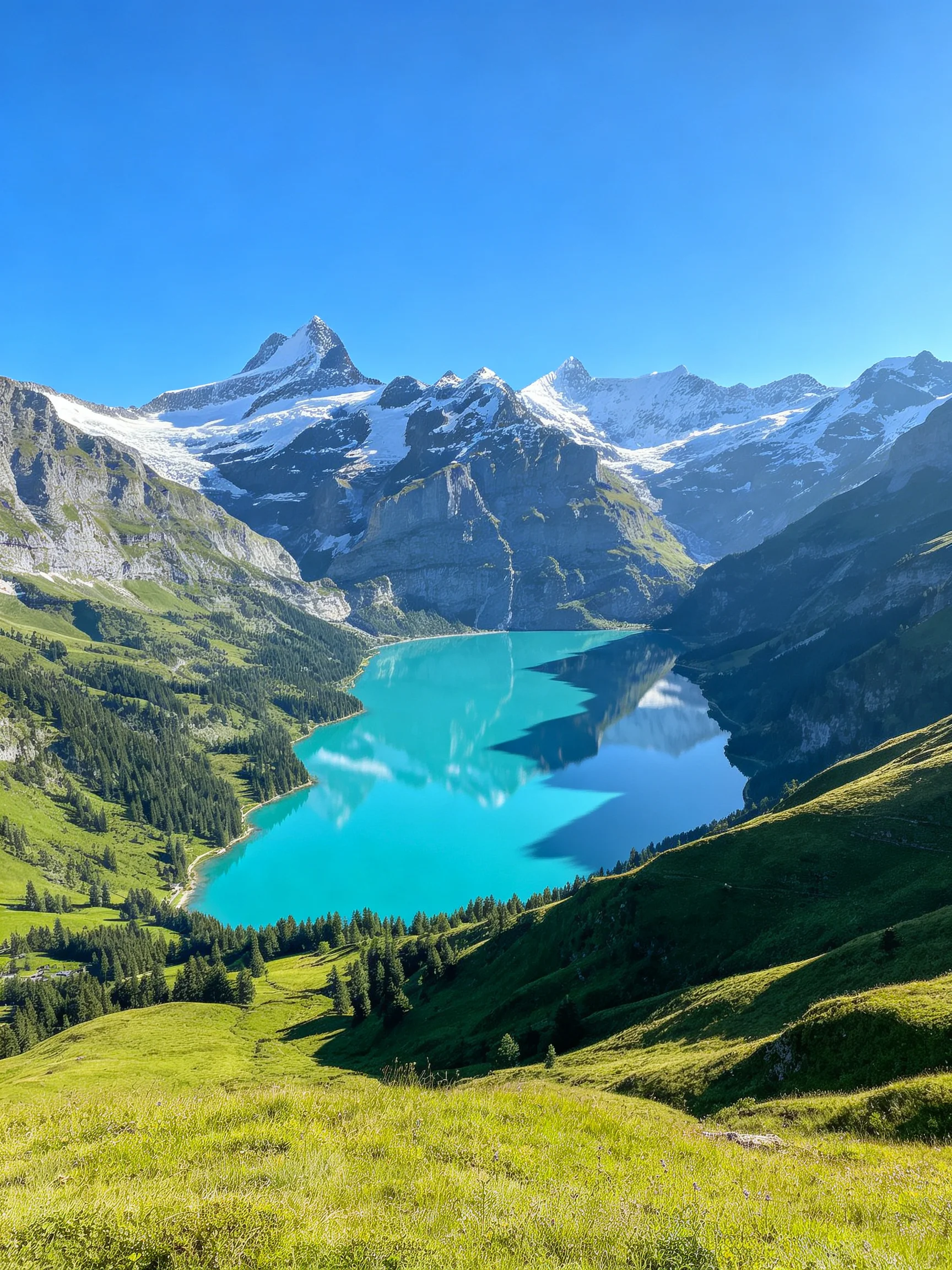 Turquoise Lake Surrounded by Snow-Capped Mountains and Lush Green Hills
