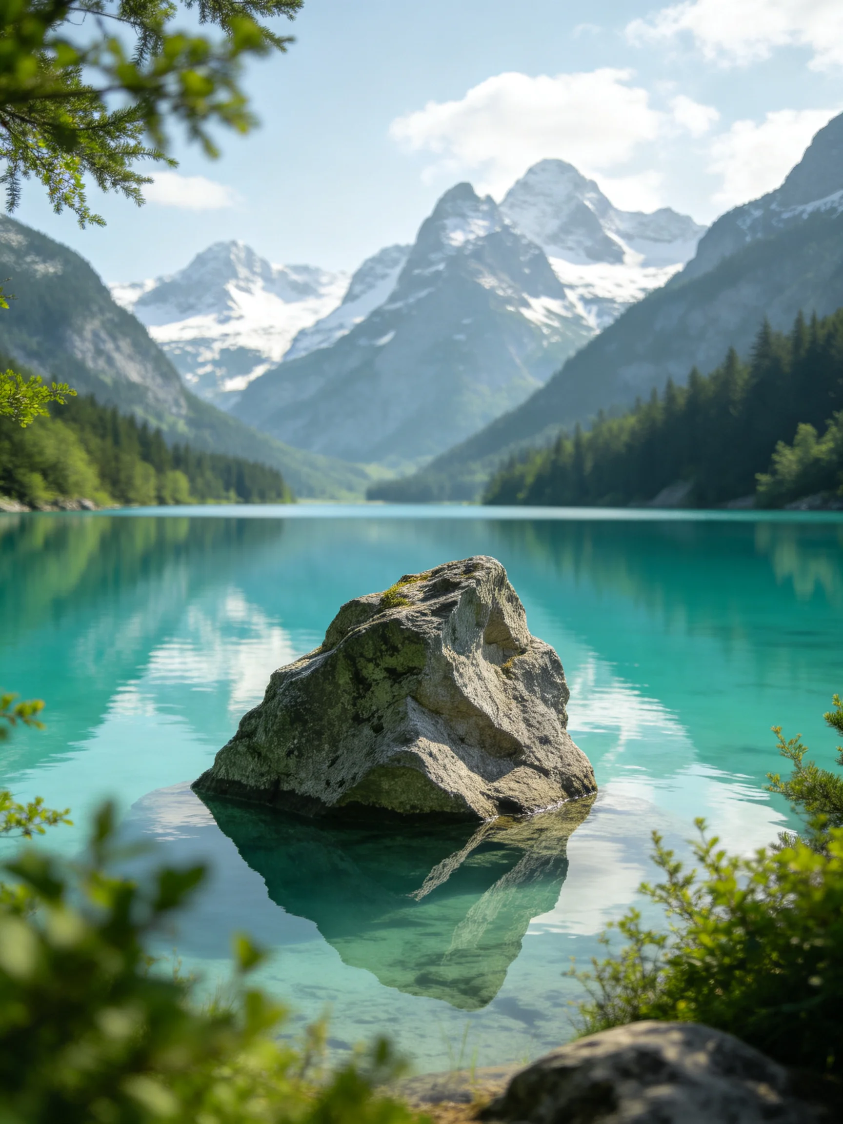 Turquoise Lake with Central Rock Amidst Forested Mountain Peaks