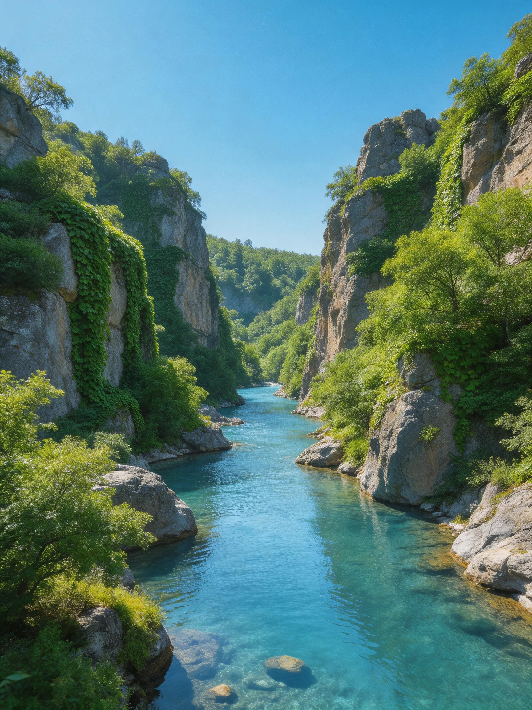 Turquoise River Flows Through Lush Green Rock Canyon