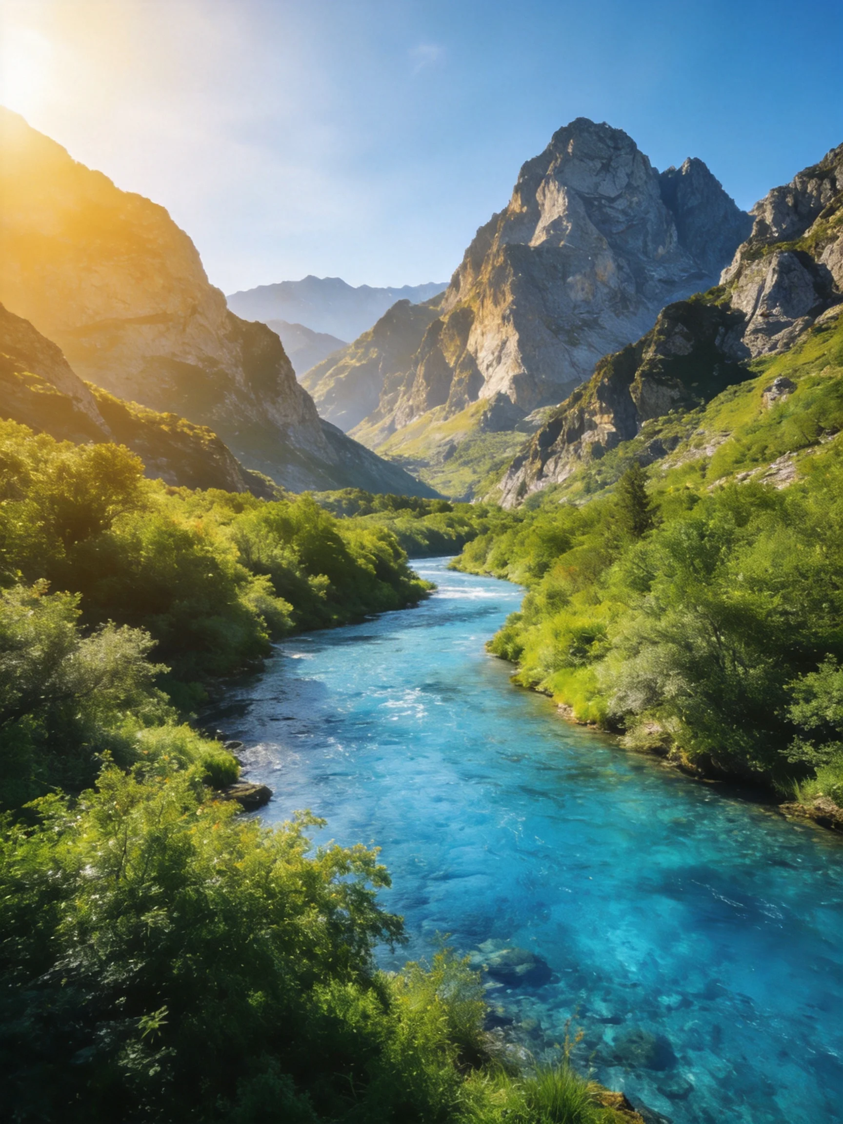 Turquoise River Flows Through Lush Green Valley With Majestic Mountains