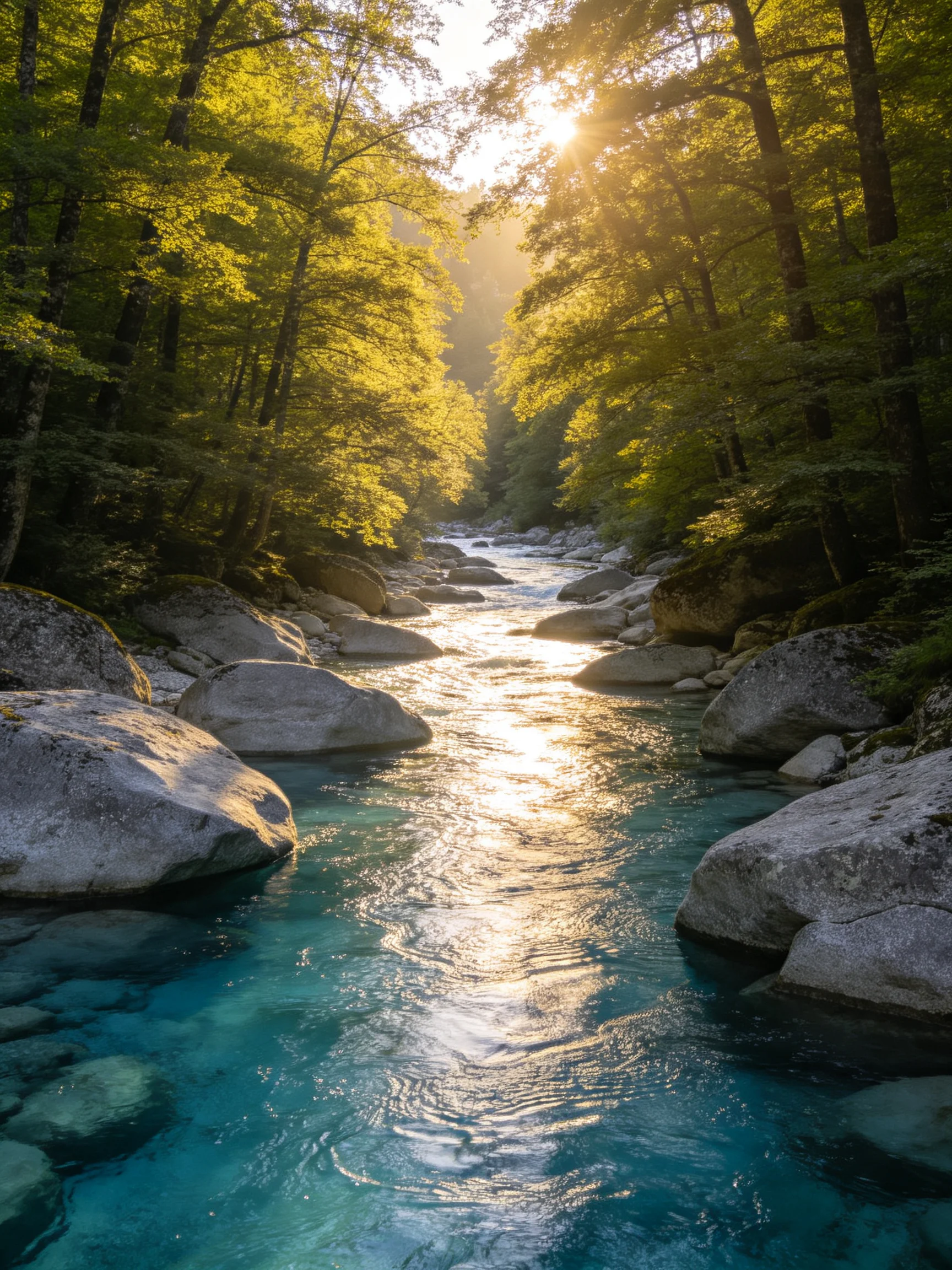 Turquoise River Flows Through Sunlit Forest With Large Gray Rocks