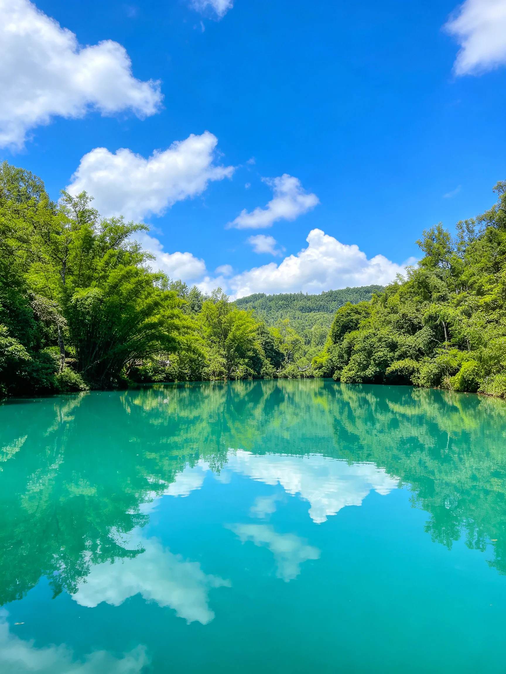 Turquoise Water Reflects Lush Greenery Under Bright Blue Sky