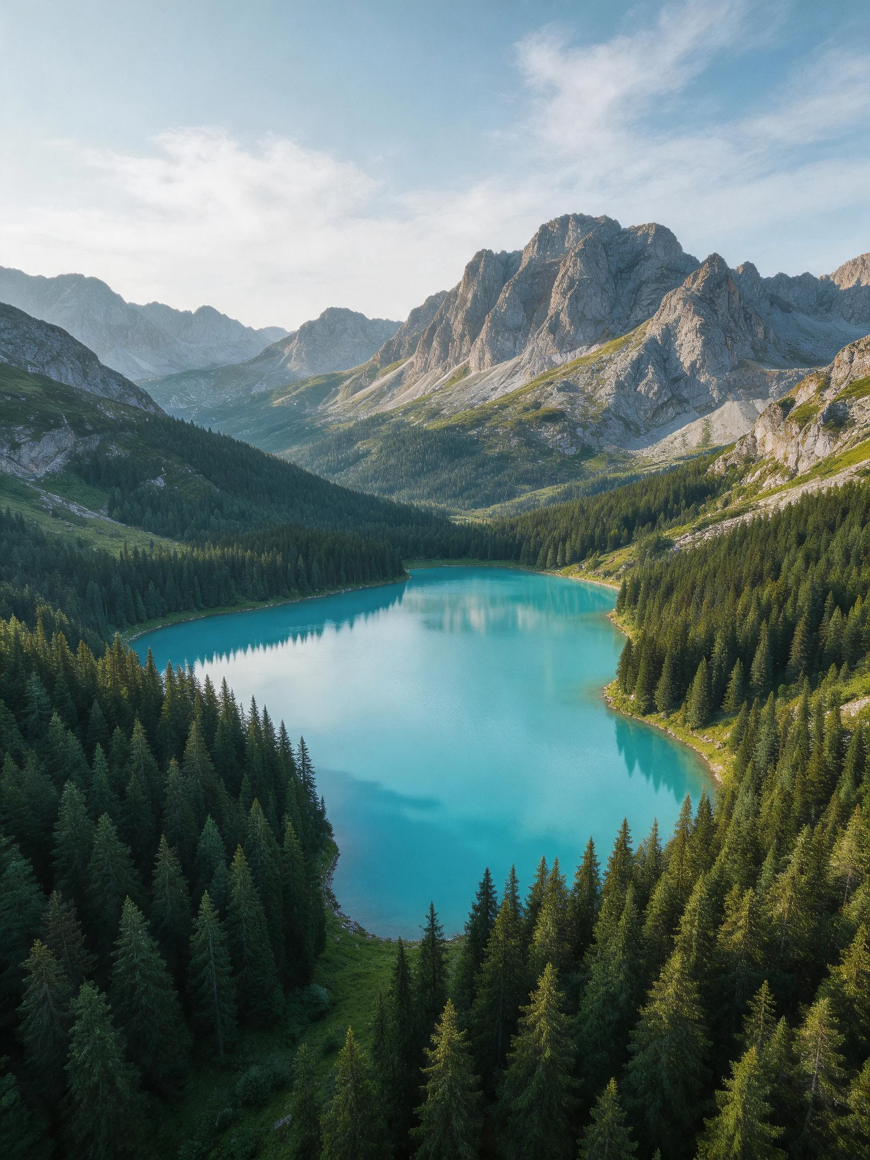 Turquoise lake nestled among dense evergreen forests and rugged mountain peaks