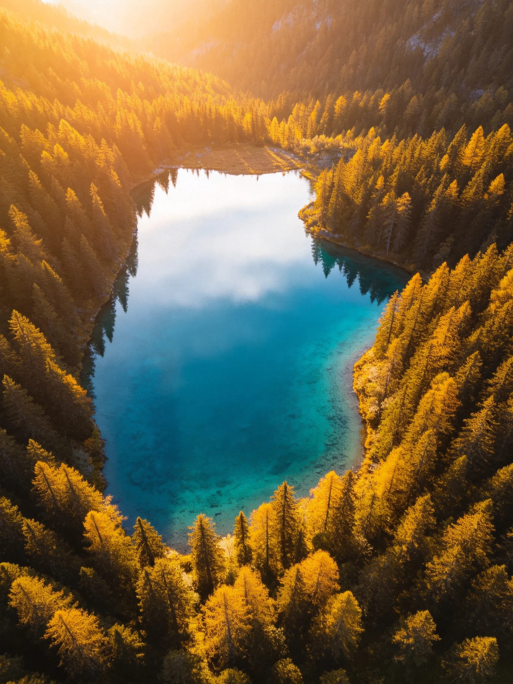 Turquoise lake nestled among golden forests under warm sunlight